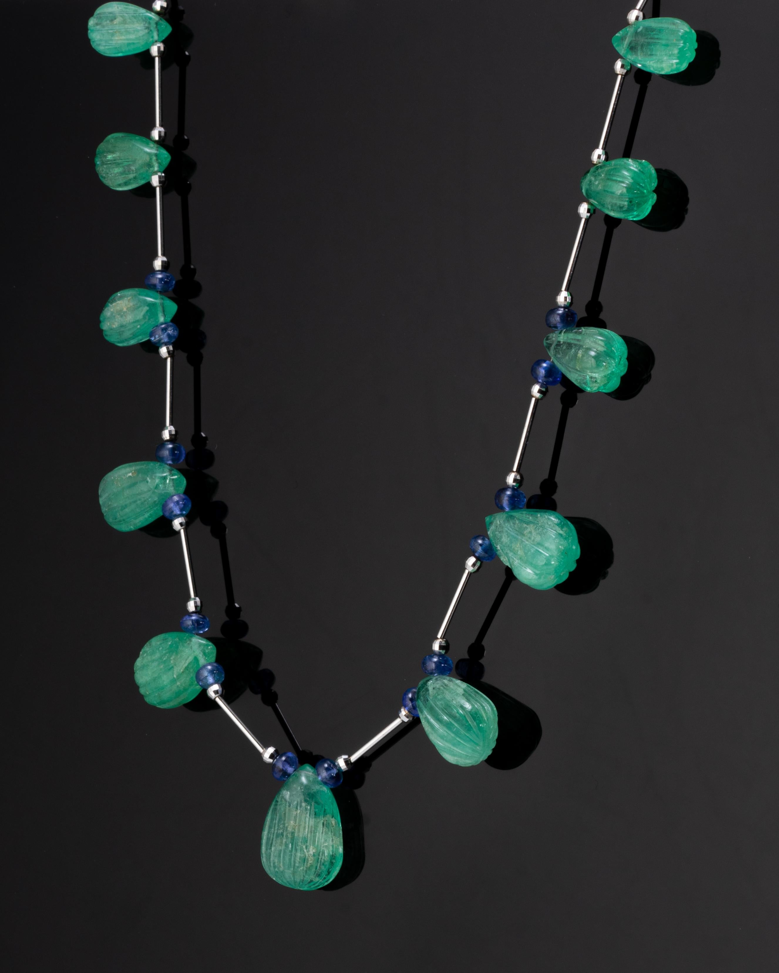 Art Deco Emerald Drop and Tanzanite Beaded Necklace For Sale
