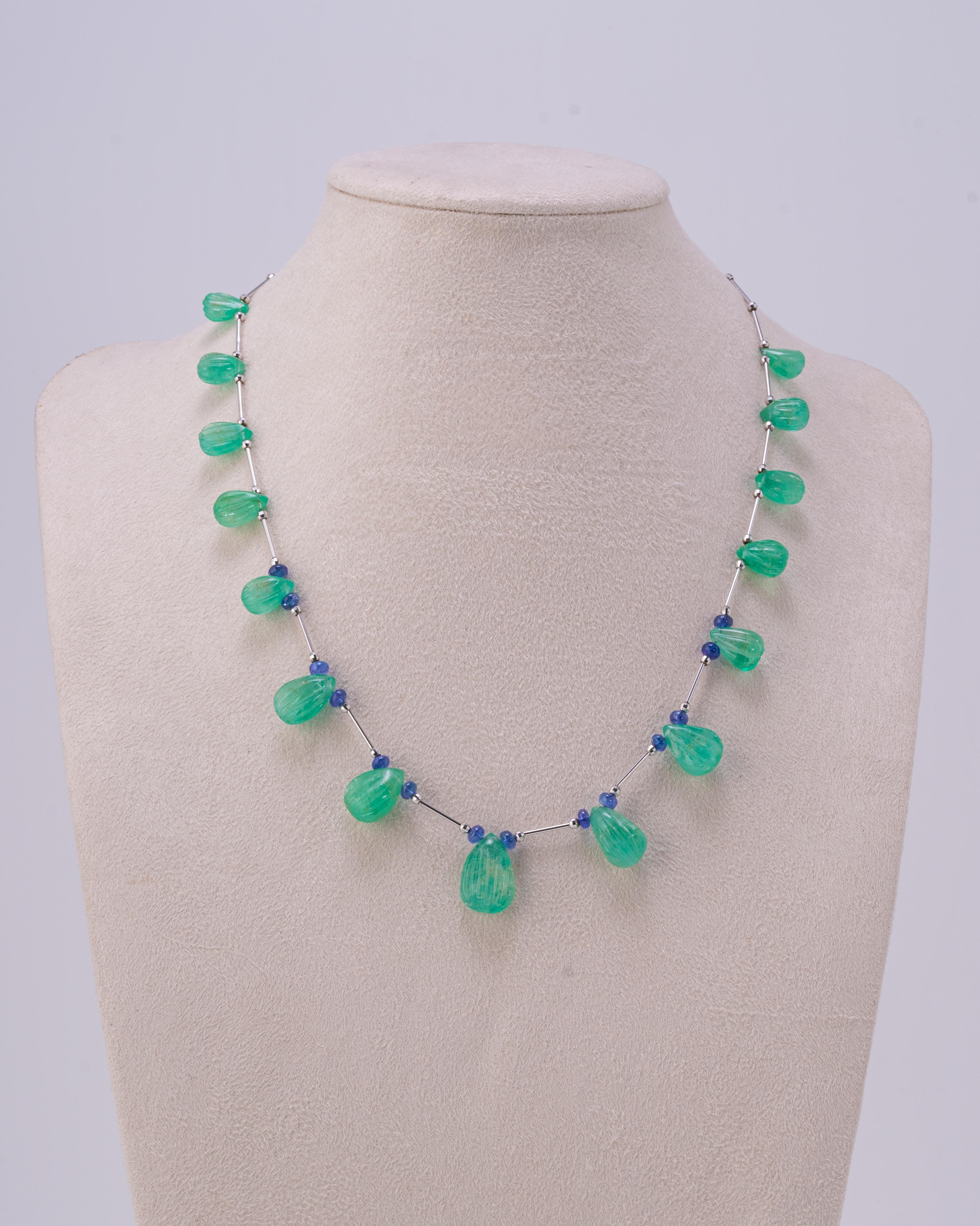 Briolette Cut Emerald Drop and Tanzanite Beaded Necklace For Sale