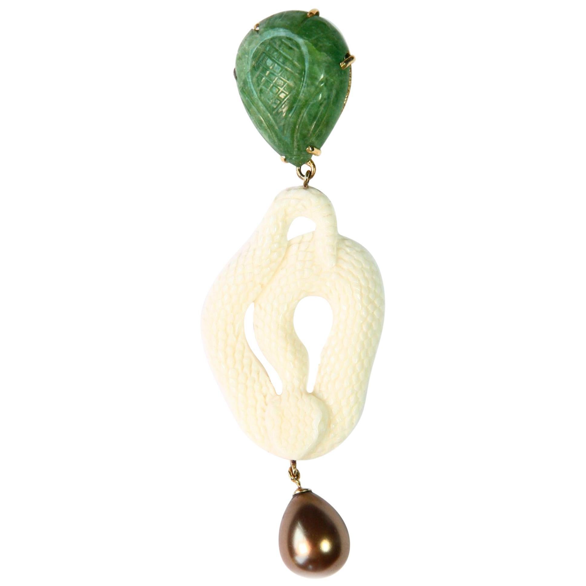 Emerald Drop Carved Leaf Bone Snake Natural Pearl 18 Karat Gold Pendant