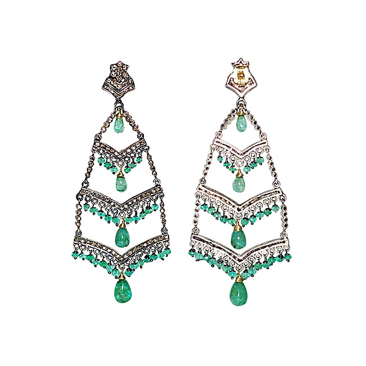 Art Déco Emerald Drop Dangle Earrings With Diamonds In 14k Yellow Gold in vendita
