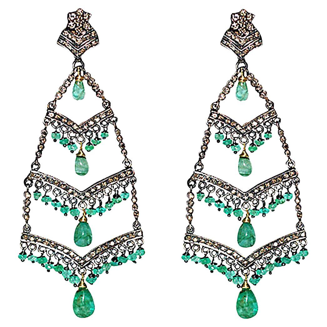 Emerald Drop Dangle Earrings With Diamonds In 14k Yellow Gold