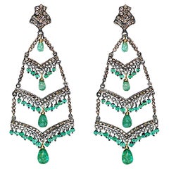 Emerald Drop Dangle Earrings With Diamonds In 14k Yellow Gold