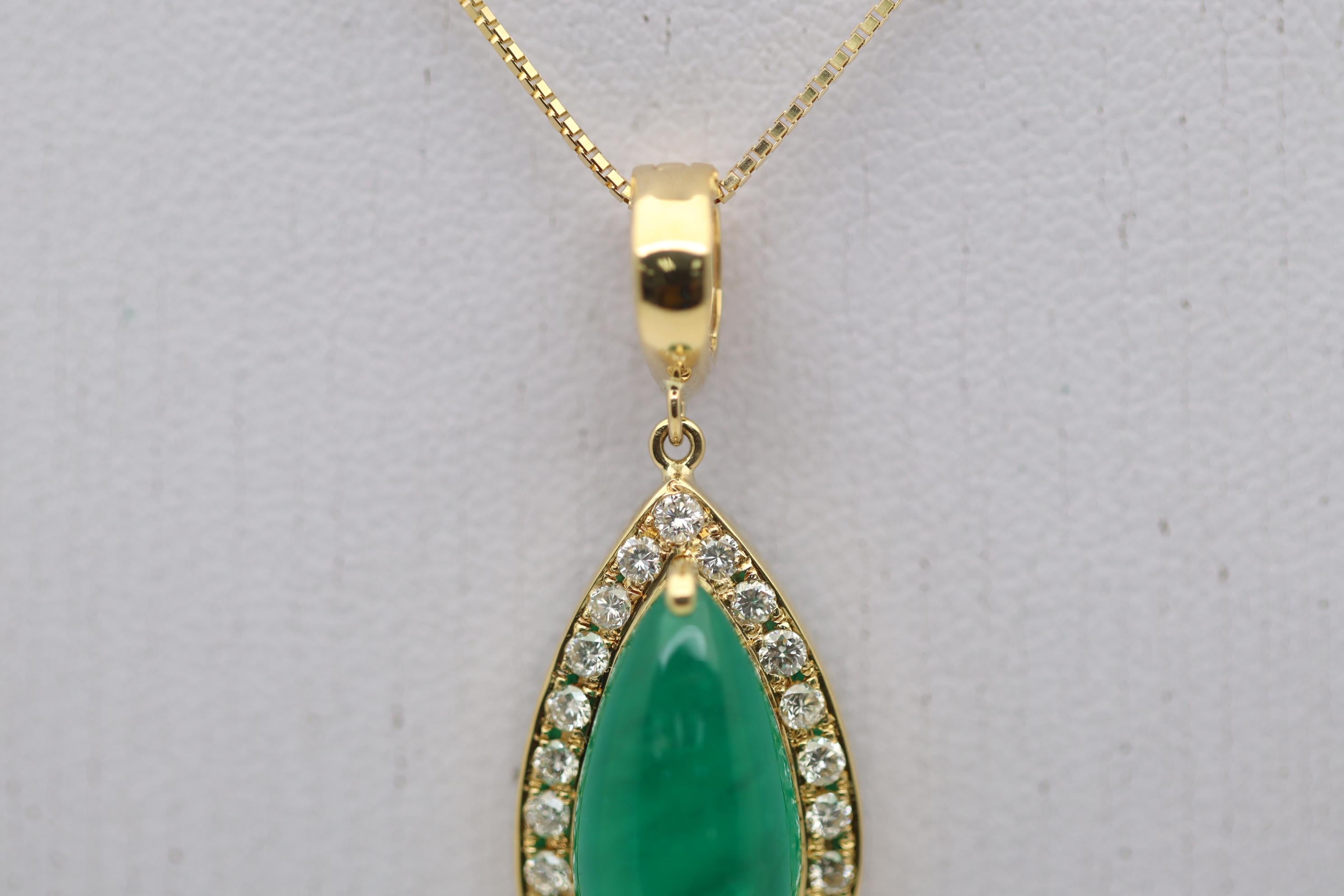 Cabochon Emerald Drop Diamond Gold Pendant For Sale