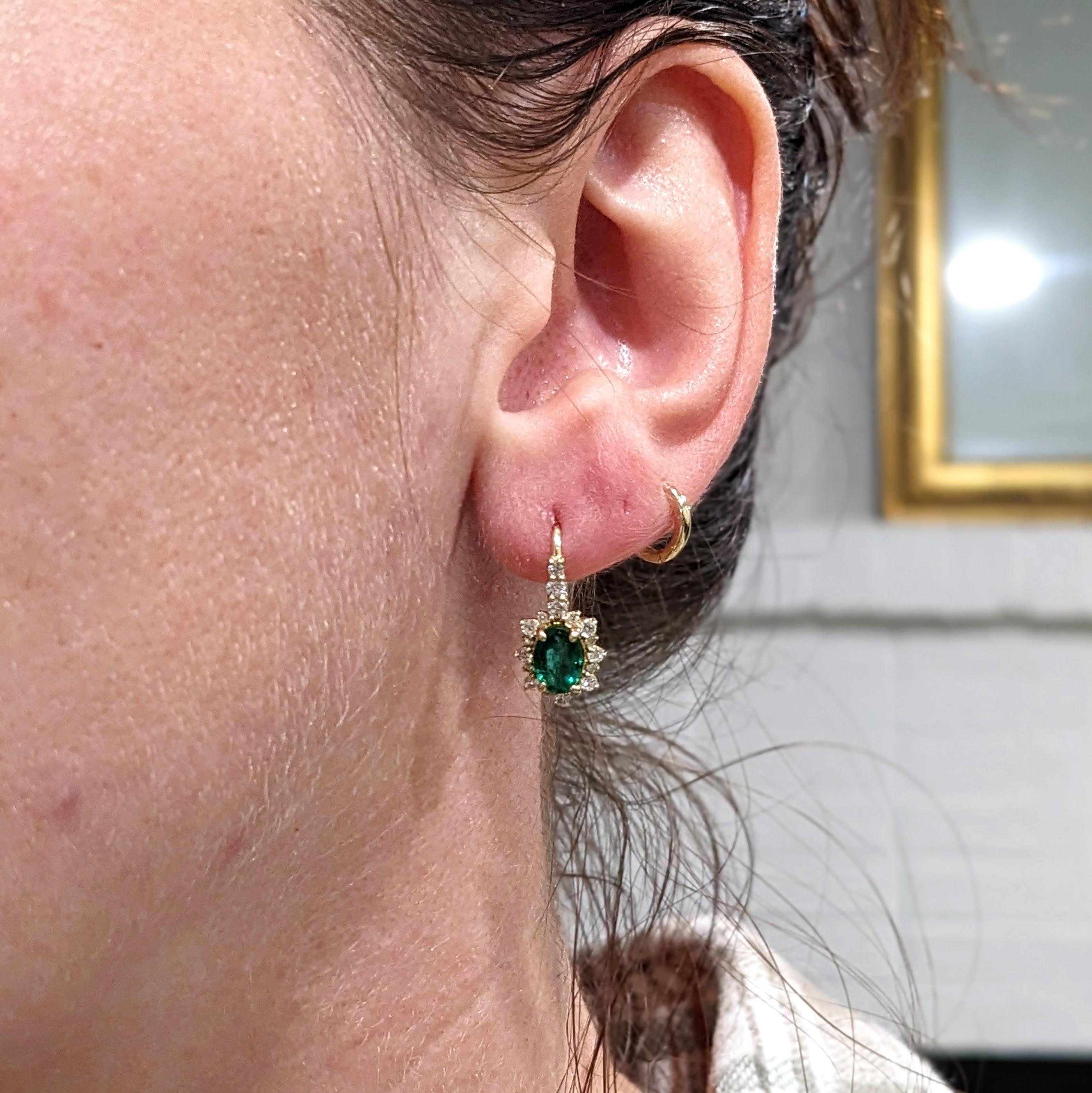 Modern Emerald Drop Earrings w Earth Mined Diamonds in Solid 14K Yellow Gold Oval 7x5mm For Sale