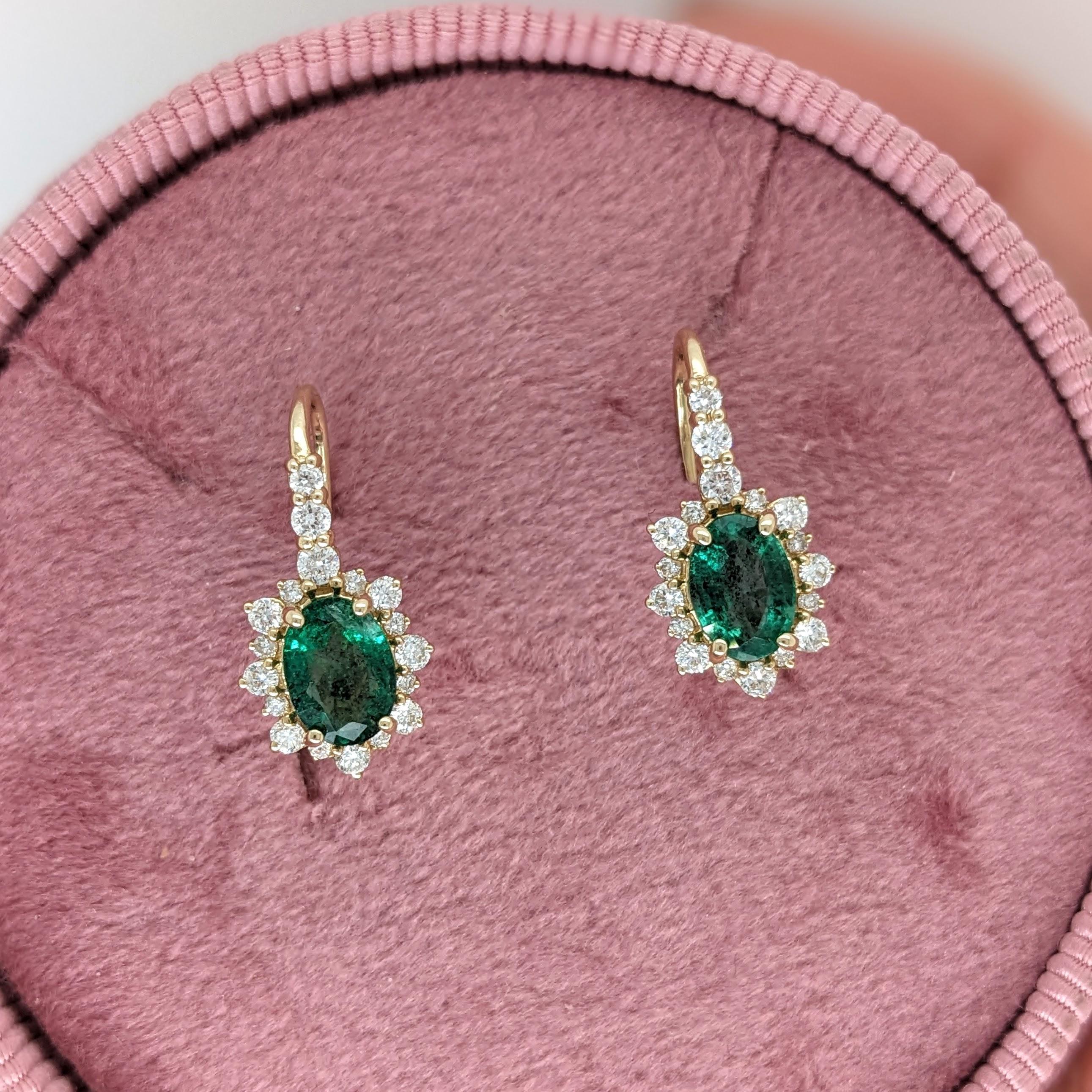 Oval Cut Emerald Drop Earrings w Earth Mined Diamonds in Solid 14K Yellow Gold Oval 7x5mm For Sale