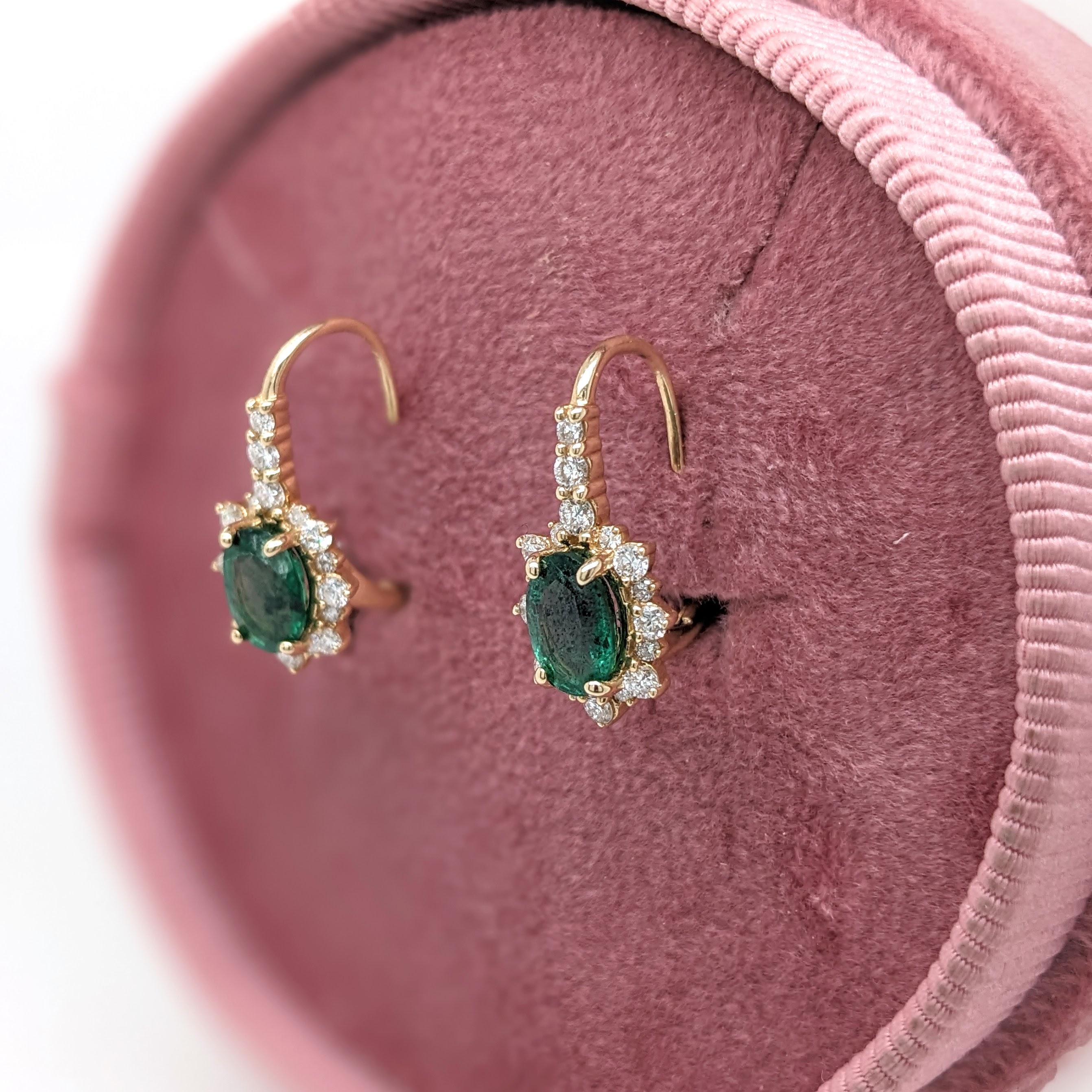Emerald Drop Earrings w Earth Mined Diamonds in Solid 14K Yellow Gold Oval 7x5mm In New Condition For Sale In Columbus, OH