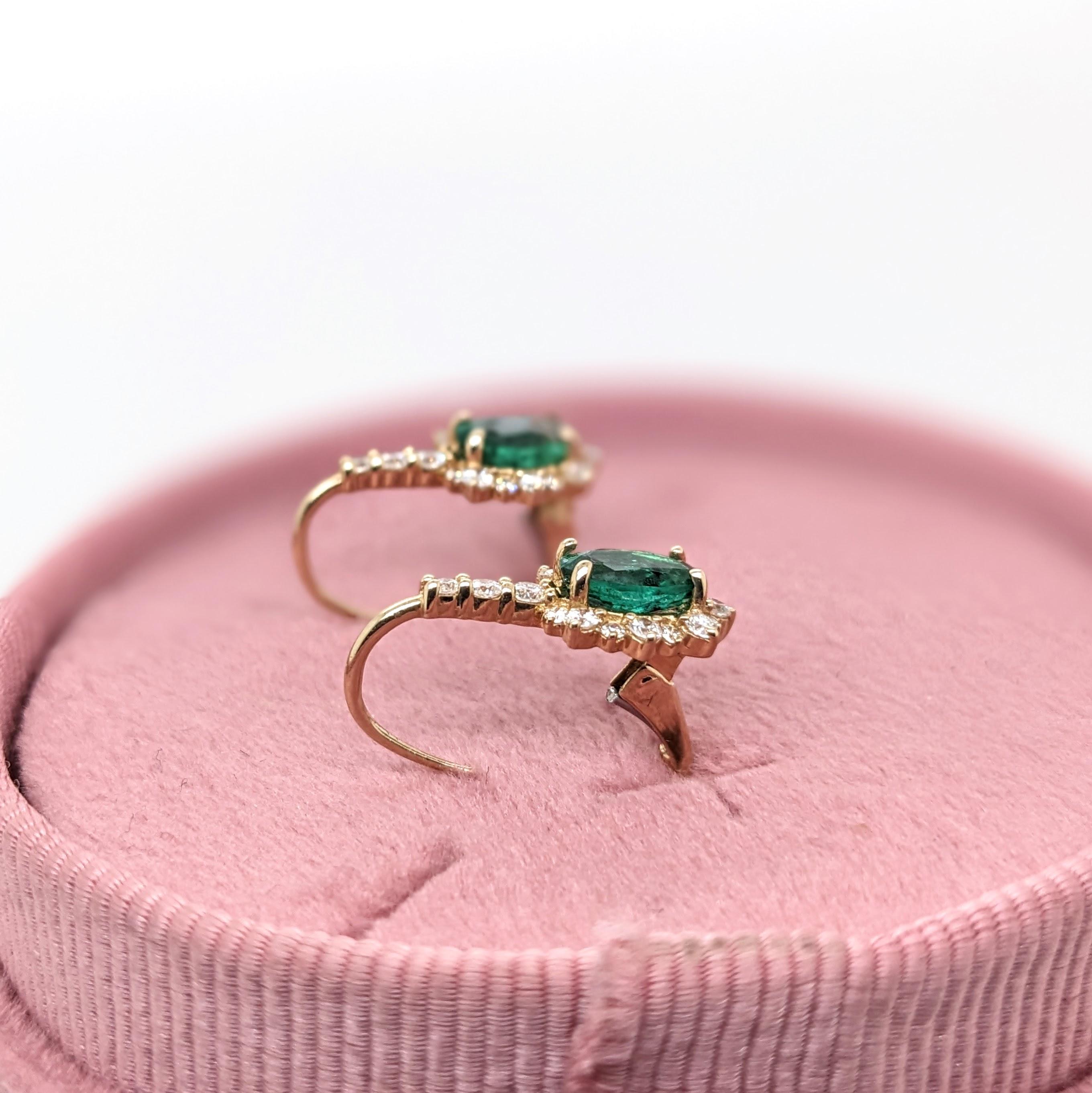 Women's Emerald Drop Earrings w Earth Mined Diamonds in Solid 14K Yellow Gold Oval 7x5mm For Sale