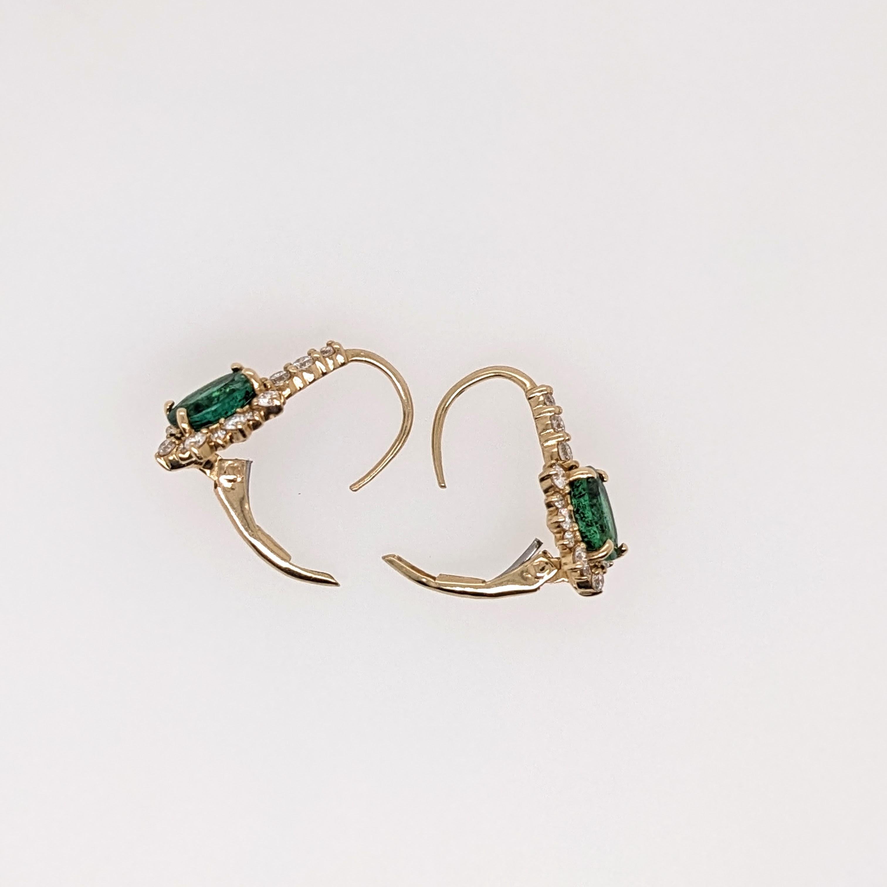 Emerald Drop Earrings w Earth Mined Diamonds in Solid 14K Yellow Gold Oval 7x5mm For Sale 1