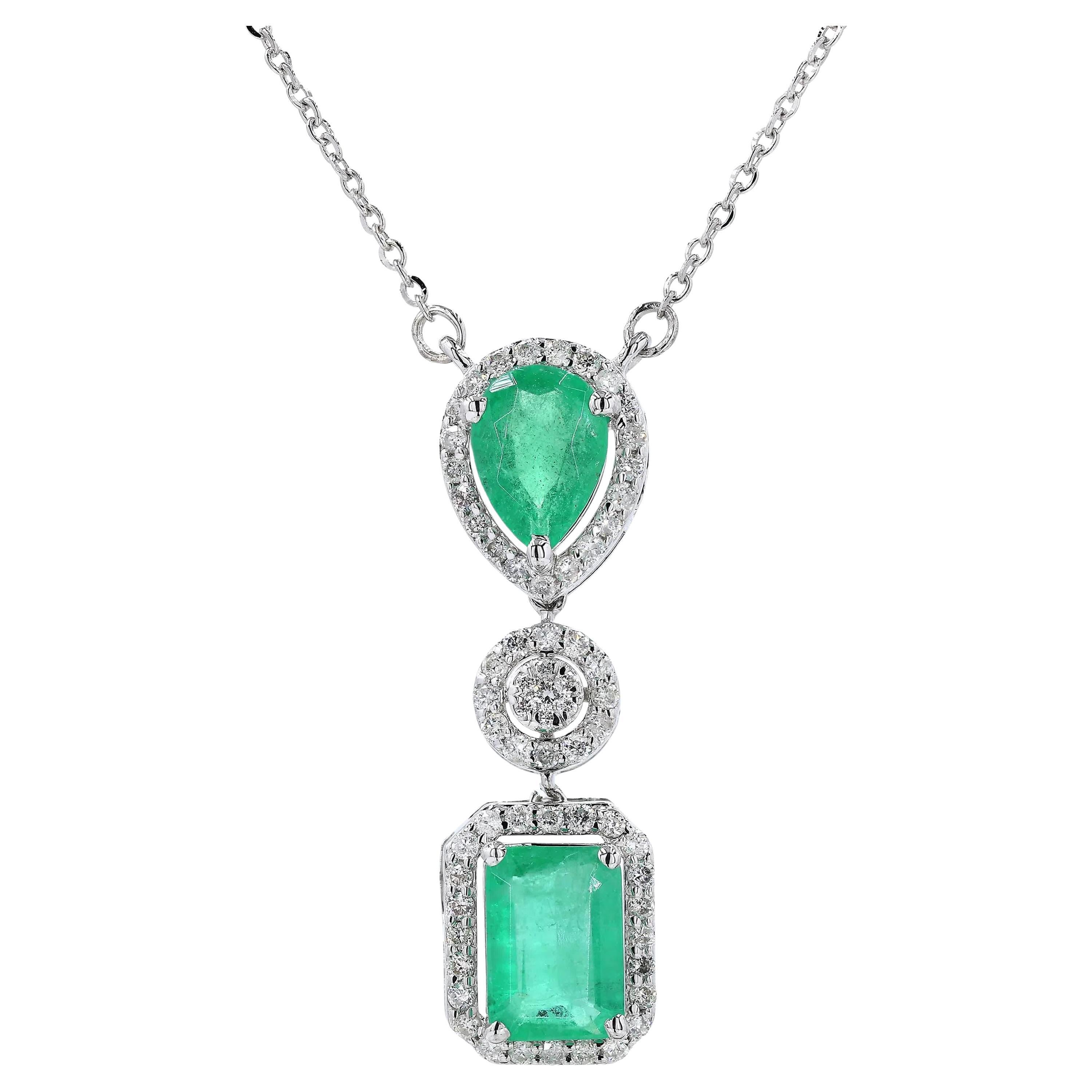 Emerald Drop Halo Natural Diamond Necklace in 14k Solid Gold (Certified)