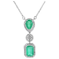 Emerald Drop Halo Natural Diamond Necklace in 14k Solid Gold (Certified)