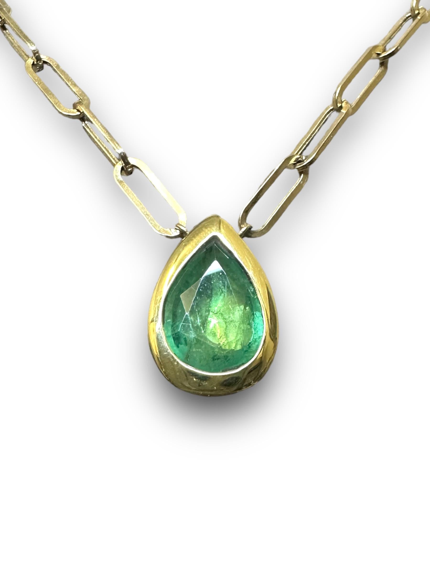 Introducing a modern, timeless one of a kind emerald drop necklace of 2.7 cts that is sure to turn heads wherever you go. Whether you wear it for its beauty or for its energy, an emerald necklace is a meaningful addition to any jewelry