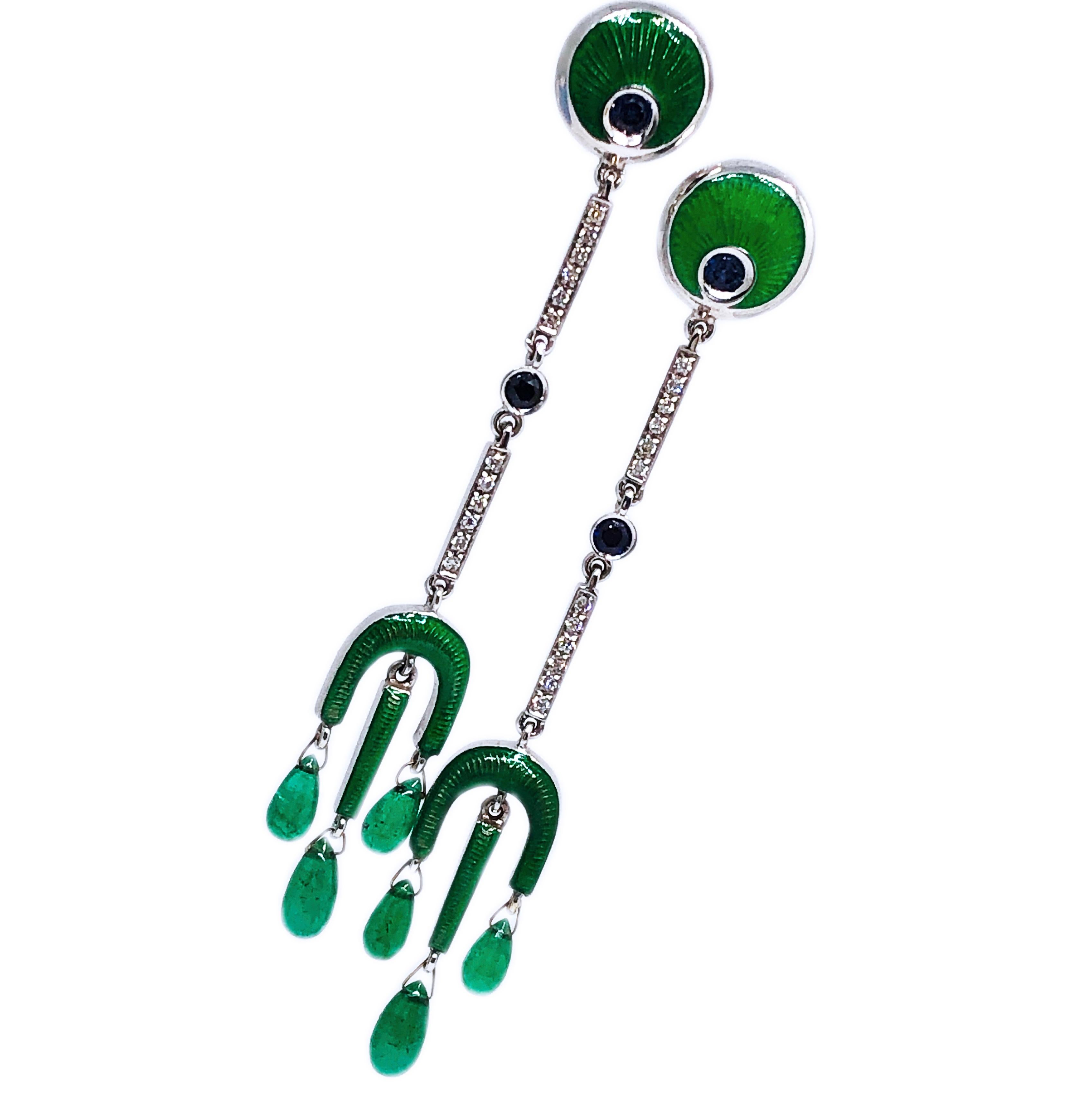 Berca Emerald Drops White Diamond Sapphire Enameled Champslevé Drop Earrings For Sale