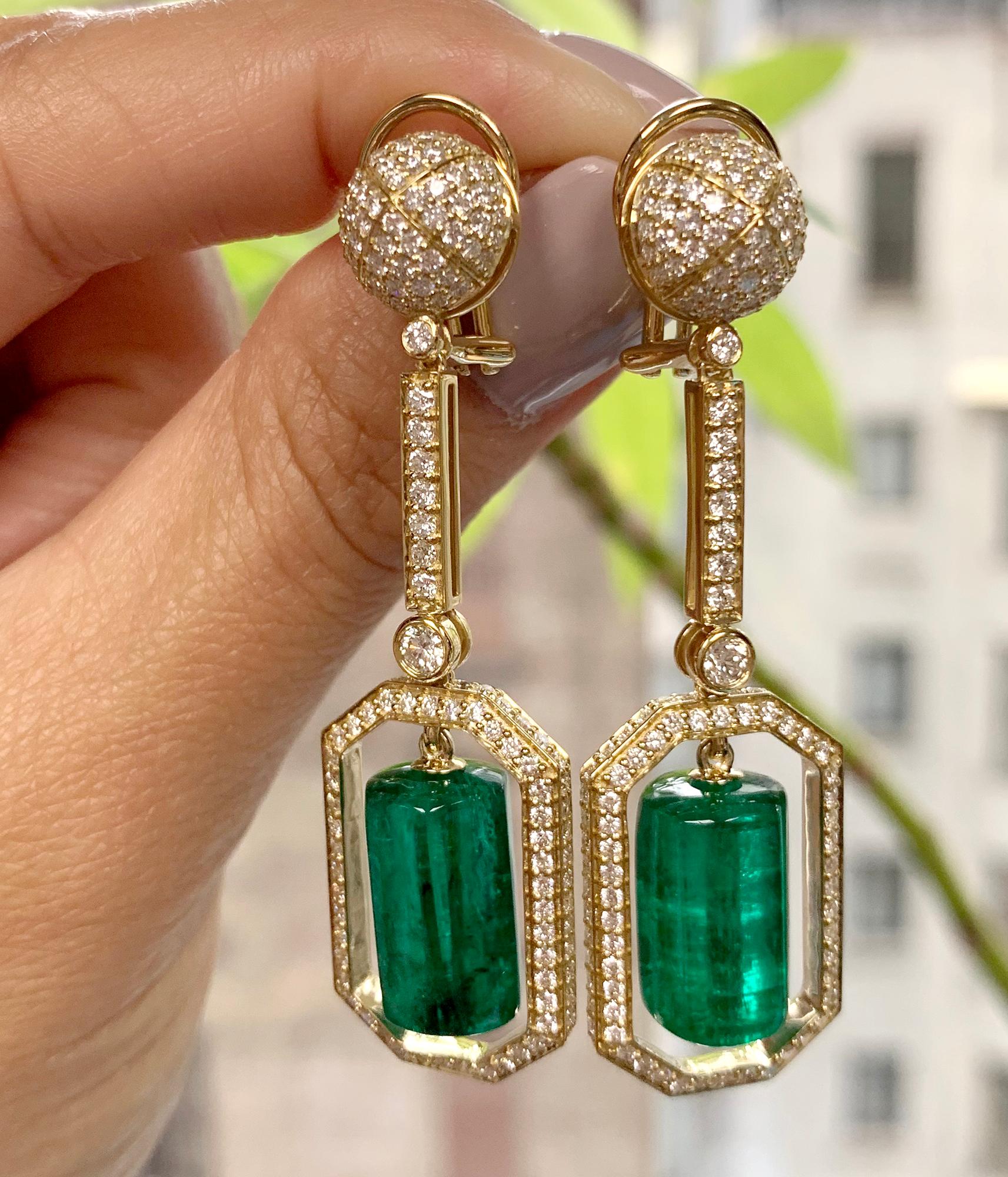 Emerald Drum Shape Tumbled Long Earrings With Diamonds in 18K Yellow Gold, from 'G-One' Collection 

Approx. Wt: 21.95 Carats (Emerald)

Diamonds: G-H / VS, Approx. Wt: 2.91 Carats