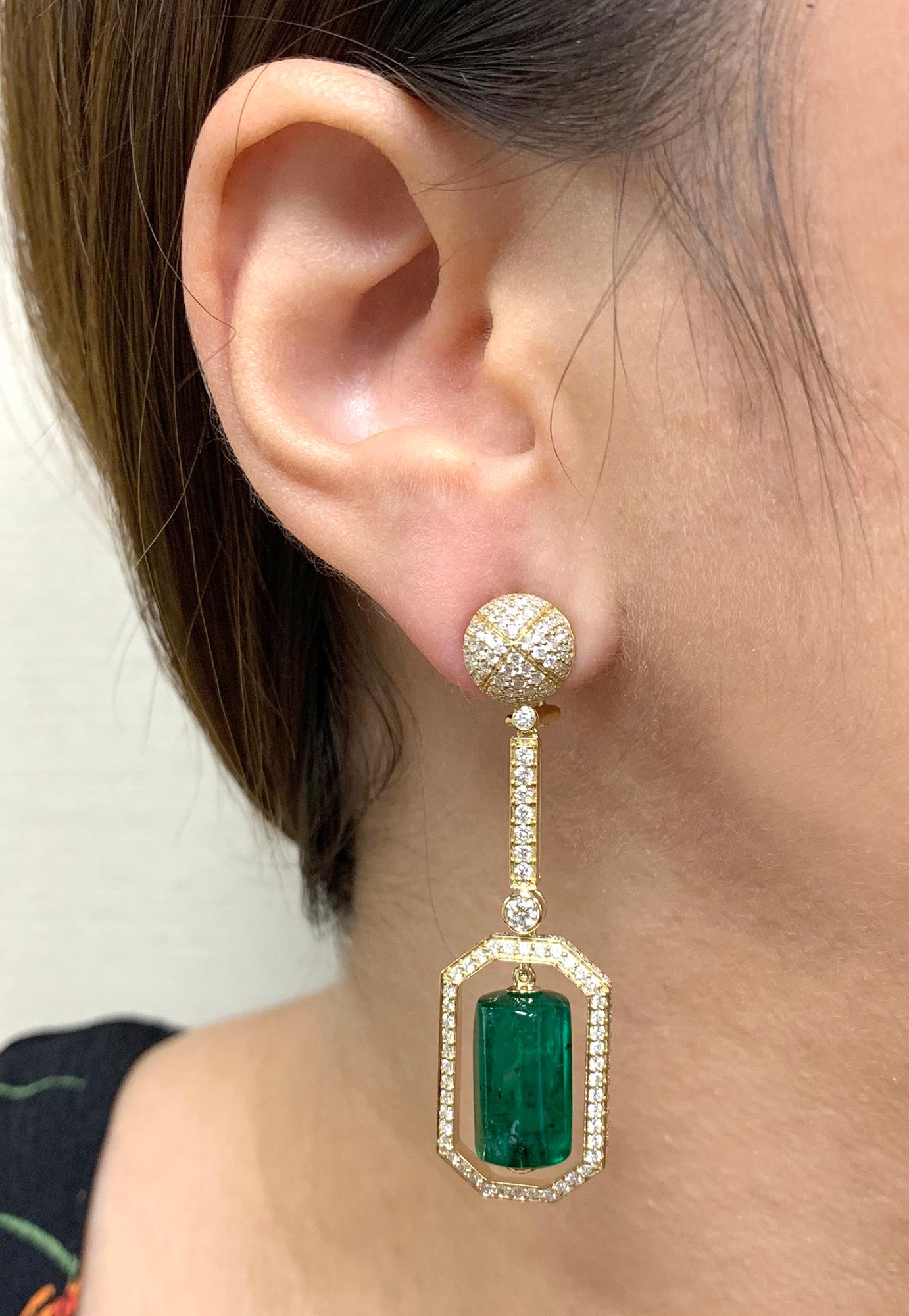 Contemporary  Goshwara Drum Shape Tumbled Emerald And Diamonds Earrings