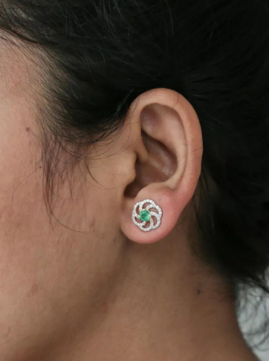 Art Deco Emerald Earring 14K Solid Gold Diamond Stud Earring For Women Christmas Gift. For Sale