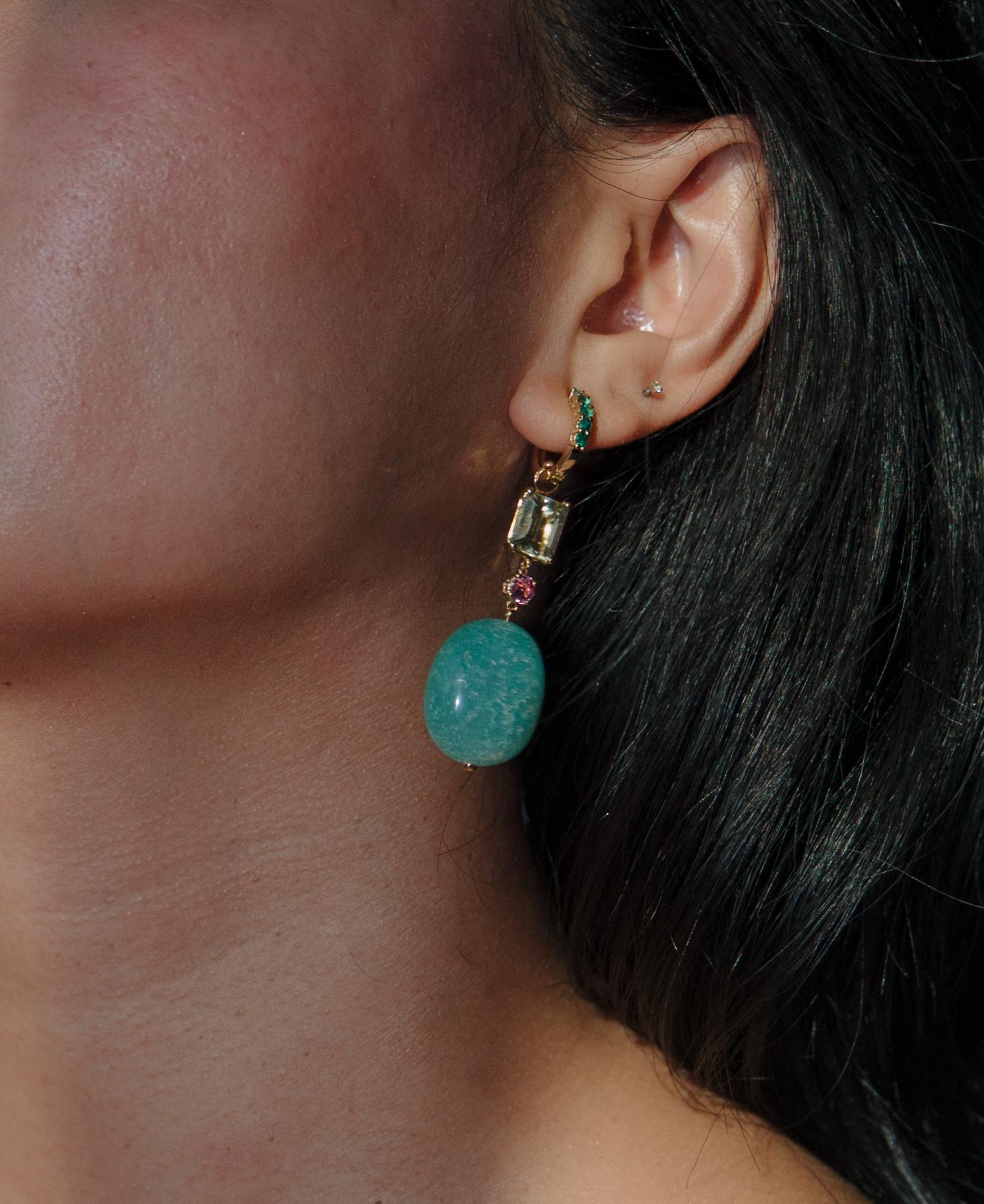 Women's or Men's Emerald Earring with a heated Chalcedony Drop  For Sale