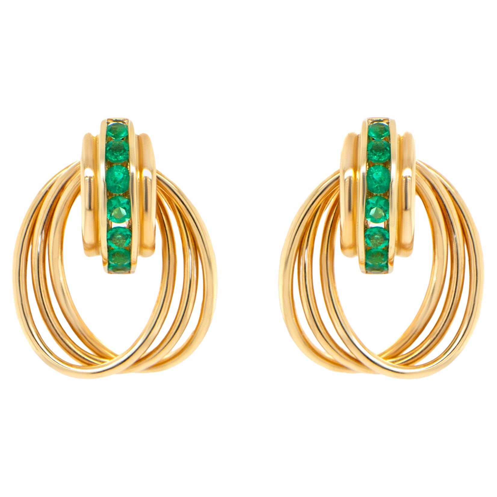 Emerald Earrings 1 Carats Total 14k Yellow Gold For Sale