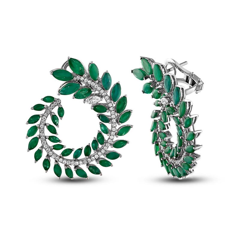Art Deco Emerald Earrings 10.24ct. Marquise Cut and 1.15ct. Diamond Pair of Leaf For Sale
