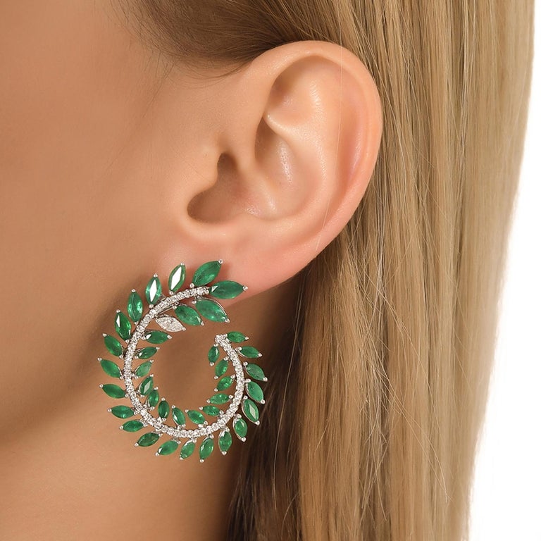 Emerald Earrings 10.24ct. Marquise Cut and 1.15ct. Diamond Pair of Leaf In New Condition For Sale In New York, NY