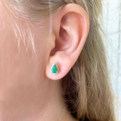 Emerald Earrings 3/4 Carat '0.75' Pear Shape & White Diamond Halo Studs 14K Gold