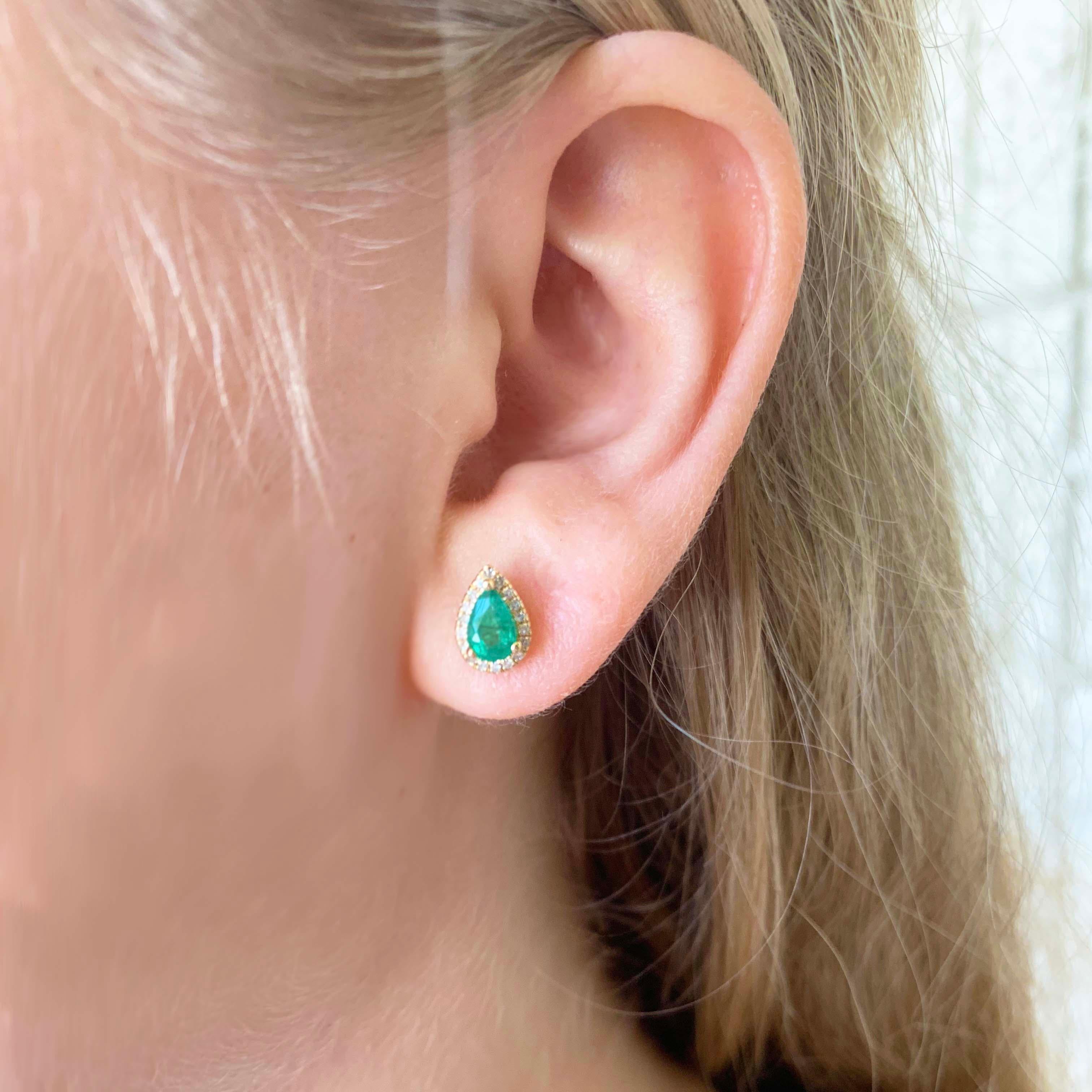 These vibrant genuine emerald and diamond stud earrings are so precious! With genuine, natural Columbian emeralds set in each stud earring. The Columbian emeralds have been cut into pear shapes that showcase their natural, bold green color
