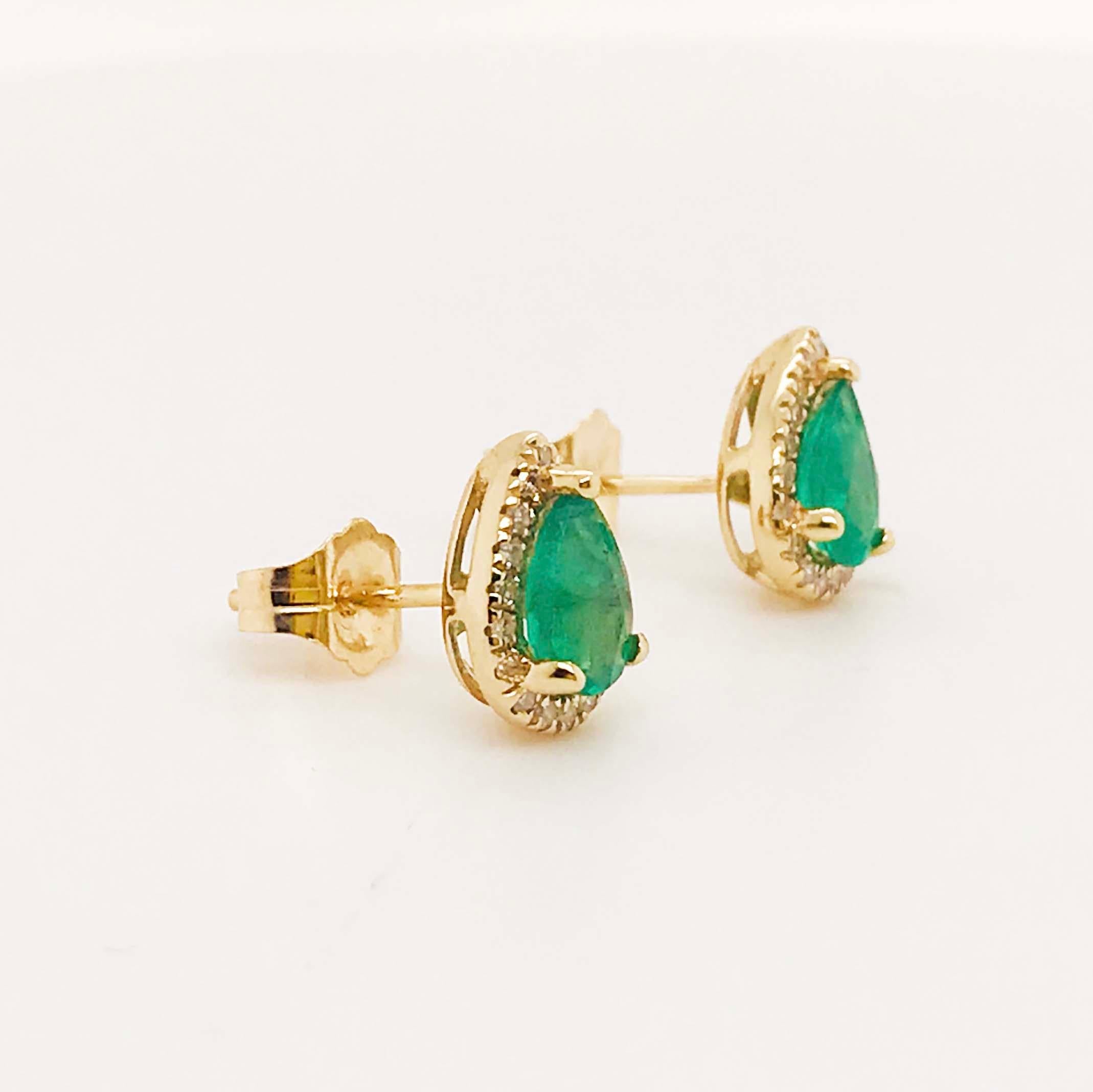 Emerald Earrings 3/4 Carat '0.75' Pear Shape & White Diamond Halo Studs 14K Gold In New Condition In Austin, TX