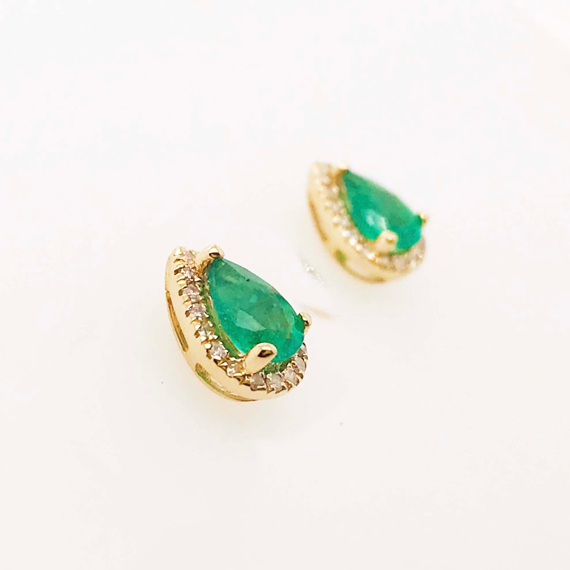Women's Emerald Earrings 3/4 Carat '0.75' Pear Shape & White Diamond Halo Studs 14K Gold