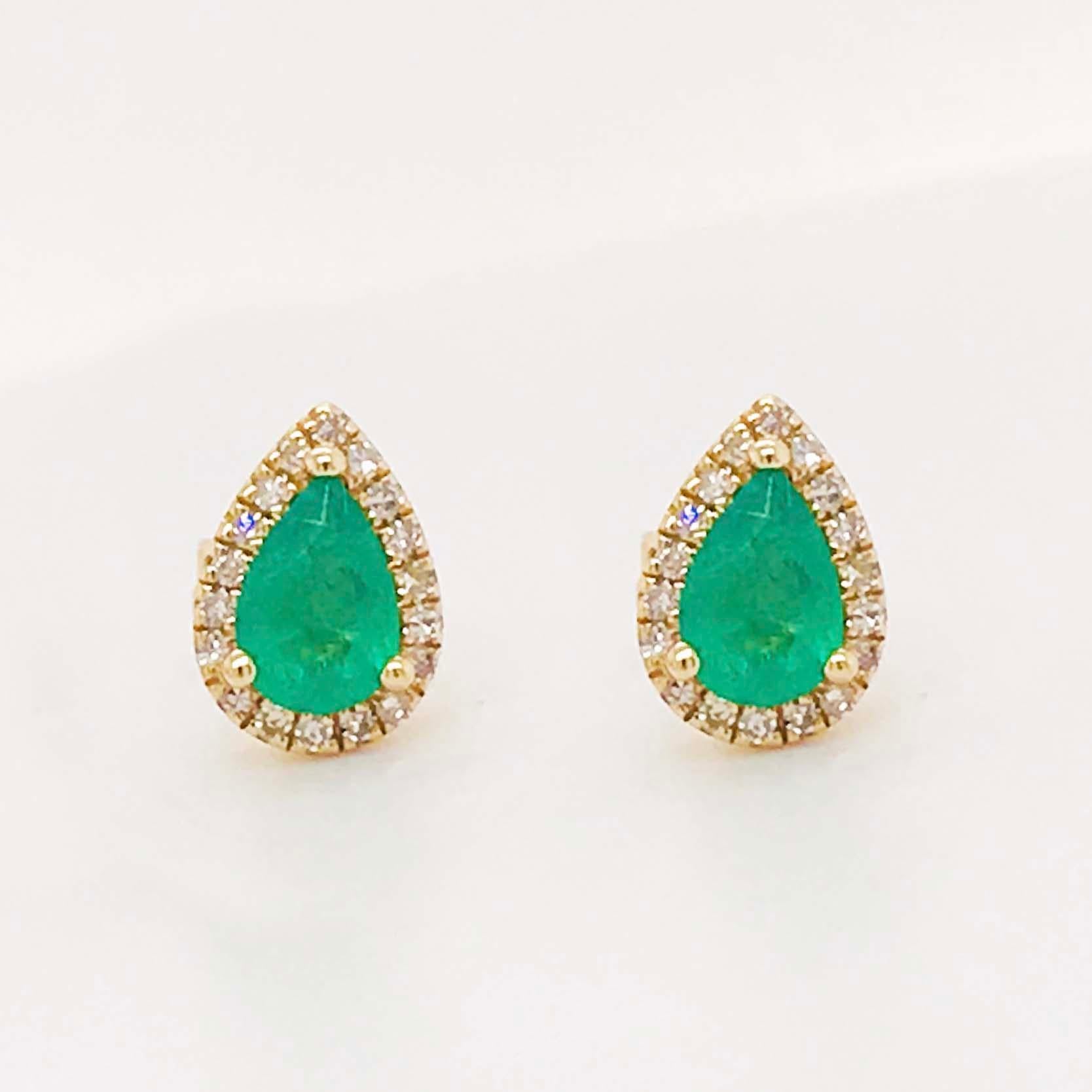 Artisan Emerald Earrings 3/4 Carat '0.75' Pear Shape & White Diamond Halo Studs 14K Gold For Sale