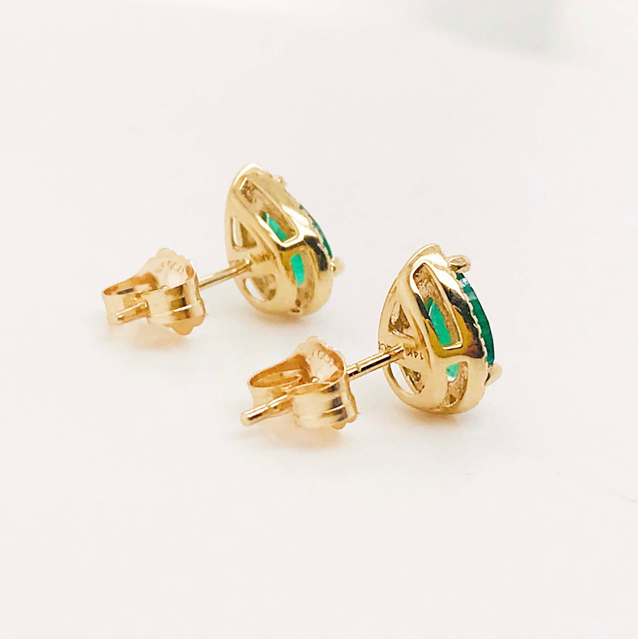Emerald Earrings 3/4 Carat '0.75' Pear Shape & White Diamond Halo Studs 14K Gold 3