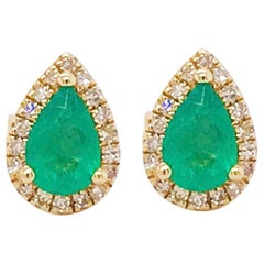 Emerald Earrings 3/4 Carat '0.75' Pear Shape & White Diamond Halo Studs 14K Gold