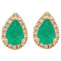 Emerald Earrings 3/4 Carat '0.75' Pear Shape & White Diamond Halo Studs 14K Gold