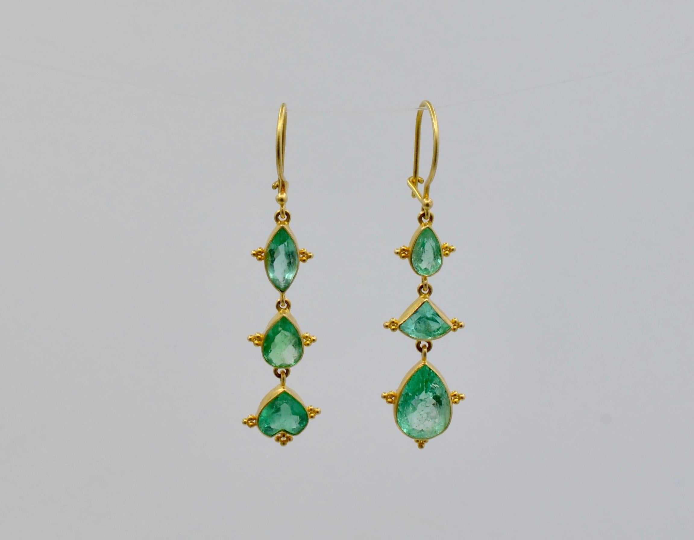 Romantic Emerald Earrings in Marquise and Pear Shapes Set in 18 Karat Yellow Gold