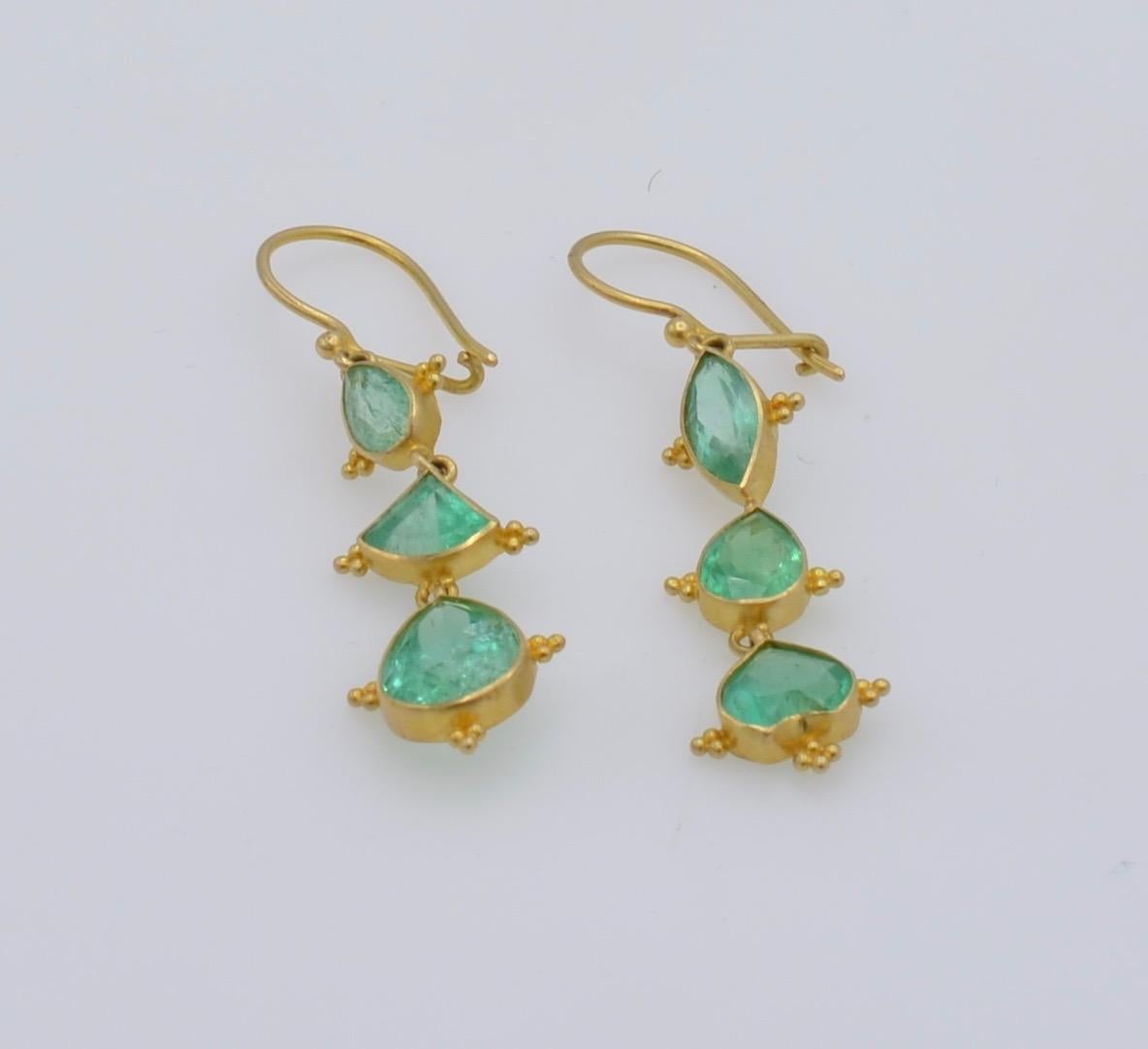 Emerald Earrings in Marquise and Pear Shapes Set in 18 Karat Yellow Gold In New Condition In Berkeley, CA