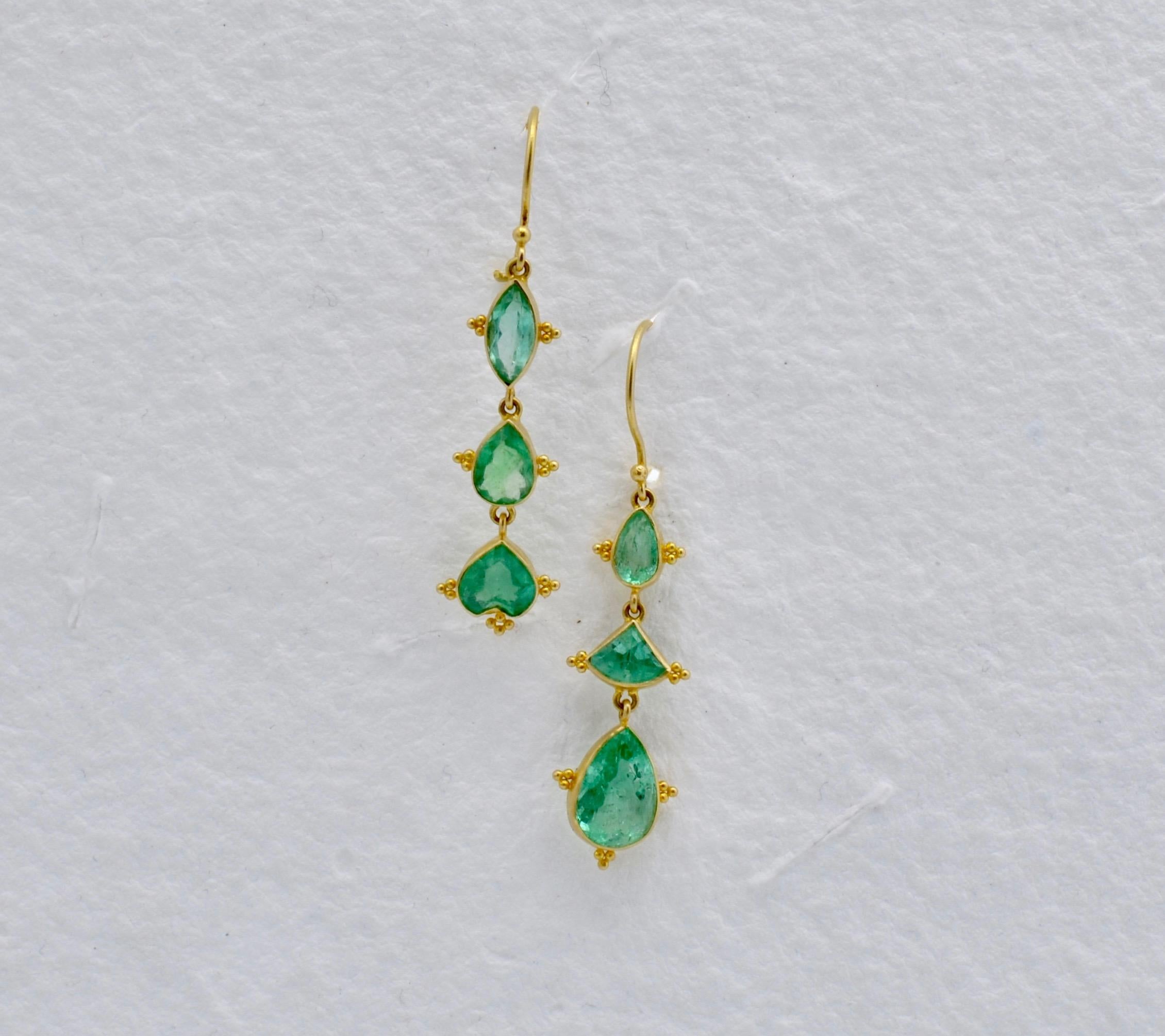 Women's or Men's Emerald Earrings in Marquise and Pear Shapes Set in 18 Karat Yellow Gold
