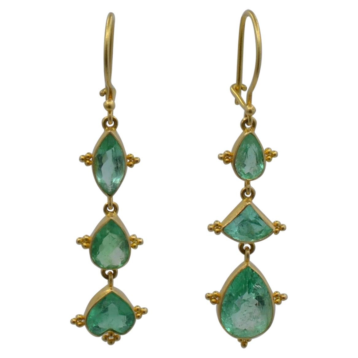 Emerald Earrings in Marquise and Pear Shapes Set in 18 Karat Yellow Gold