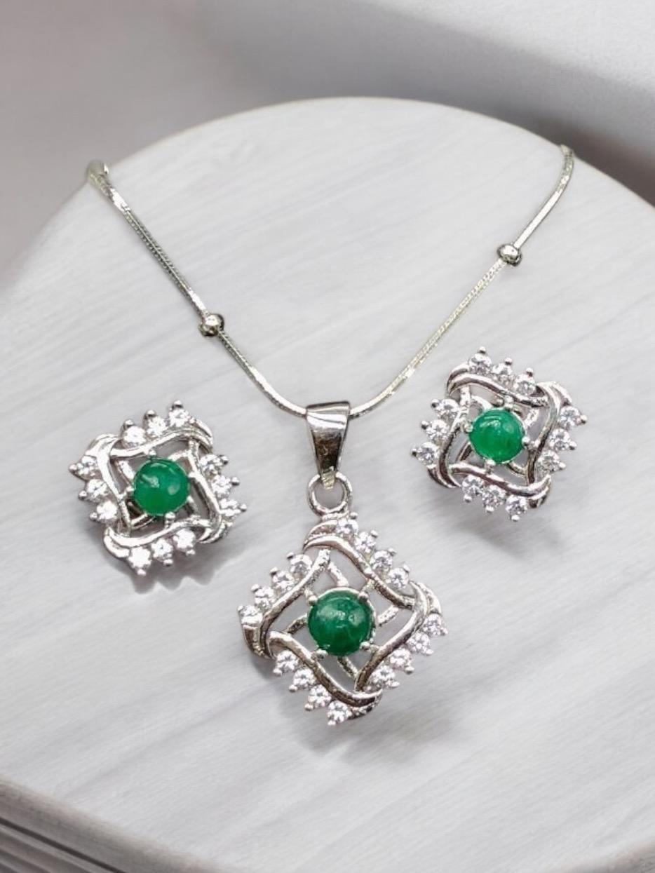 Emerald Earrings & Necklace Pendant Gemstones 925 Silver Jewelry Set 1.5 Ct-Swat For Sale 1