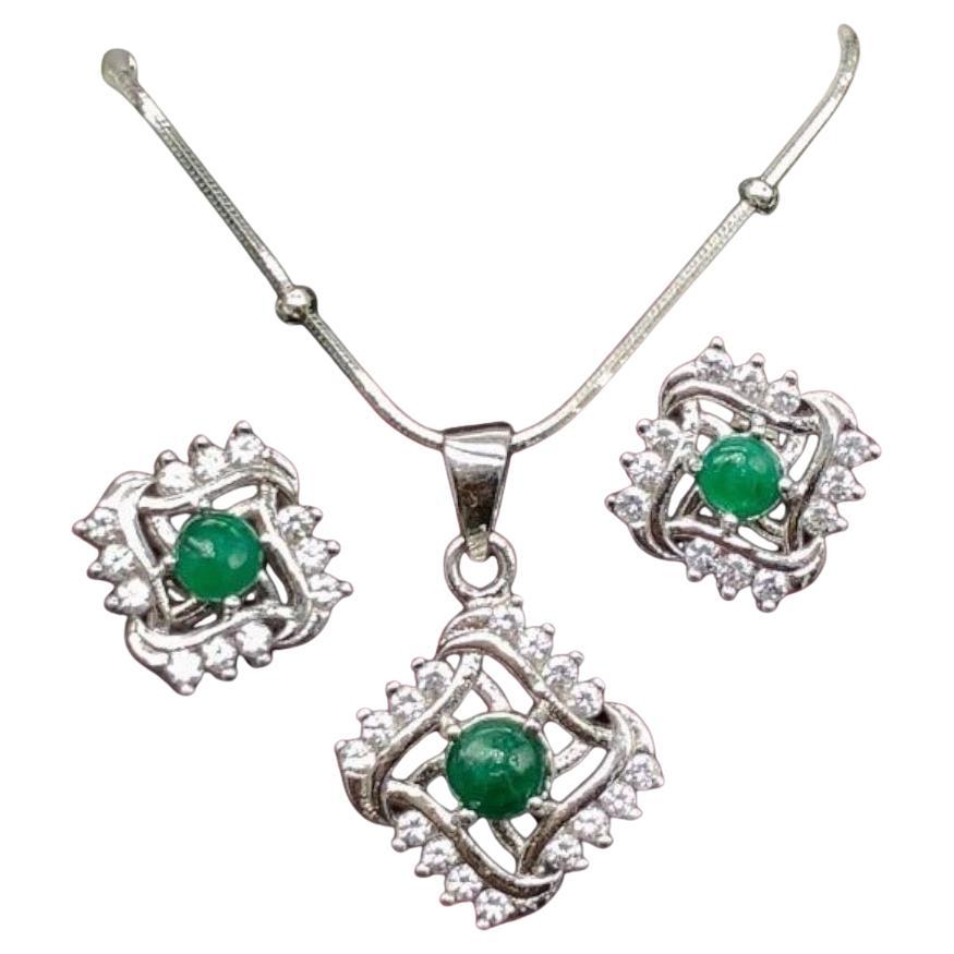 Emerald Earrings & Necklace Pendant Gemstones 925 Silver Jewelry Set 1.5 Ct-Swat For Sale