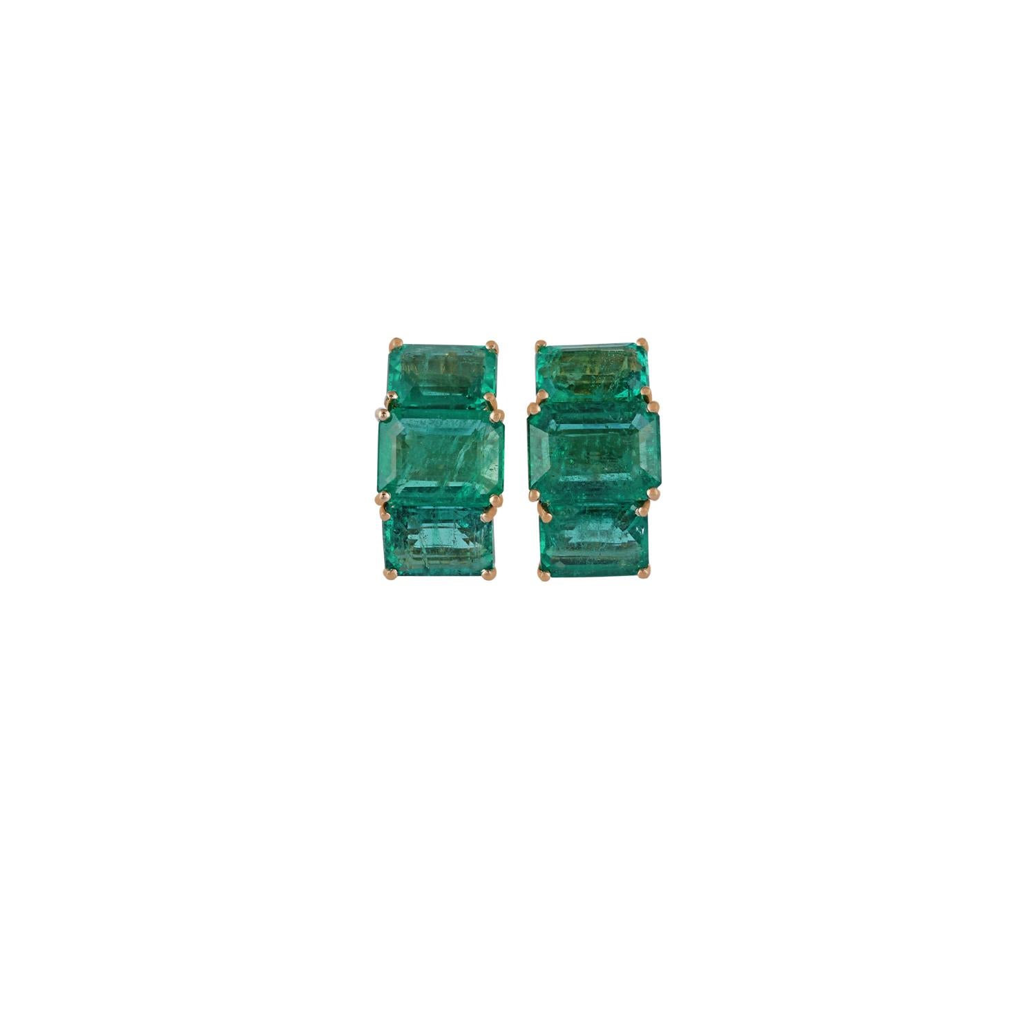 These are an elegant & classic style of earrings studded in 18k yellow gold with 6 pieces of octagonal shaped  emeralds weight 11.20 carats, these entire earrings are studded in 18k yellow gold weight 4.14 grams, these earrings have a simple pull &