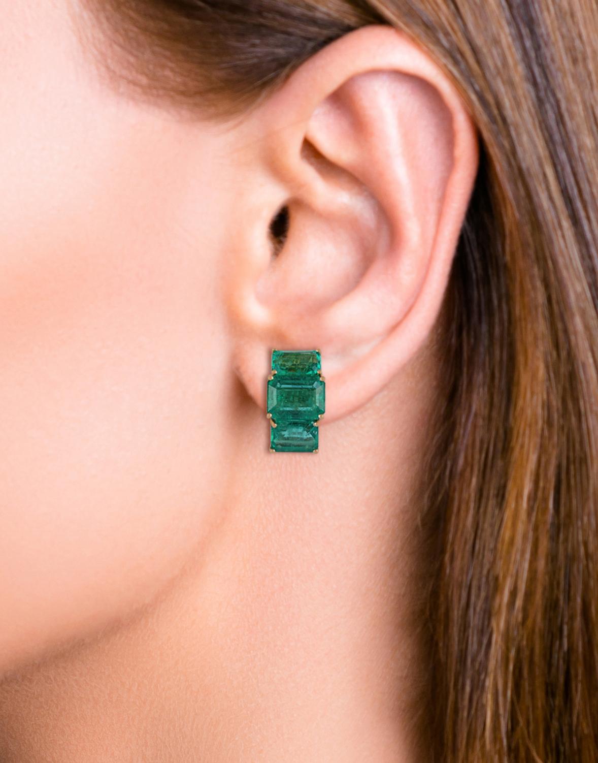 Octagon Cut Emerald Earrings Studded in 18 Karat Yellow Gold