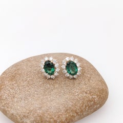 3.06ct Emerald Earrings w Diamond Burst Halo in Solid 14K Yellow Gold Oval 7x4mm