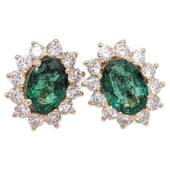 3.06ct Emerald Earrings w Diamond Burst Halo in Solid 14K Yellow Gold Oval 7x4mm