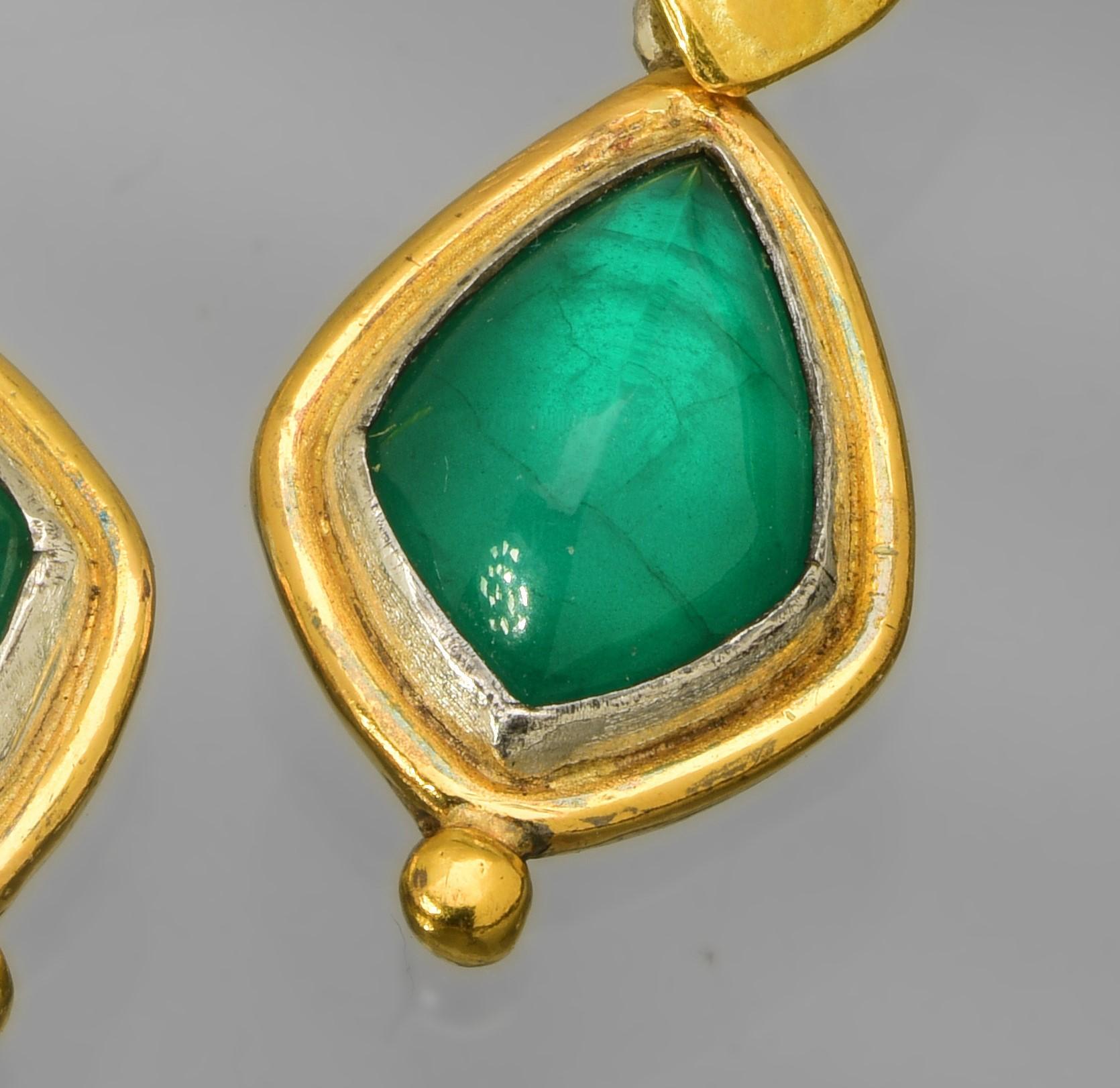 Cabochon Emerald Earrings with 22 Karat Yellow Gold and Silver