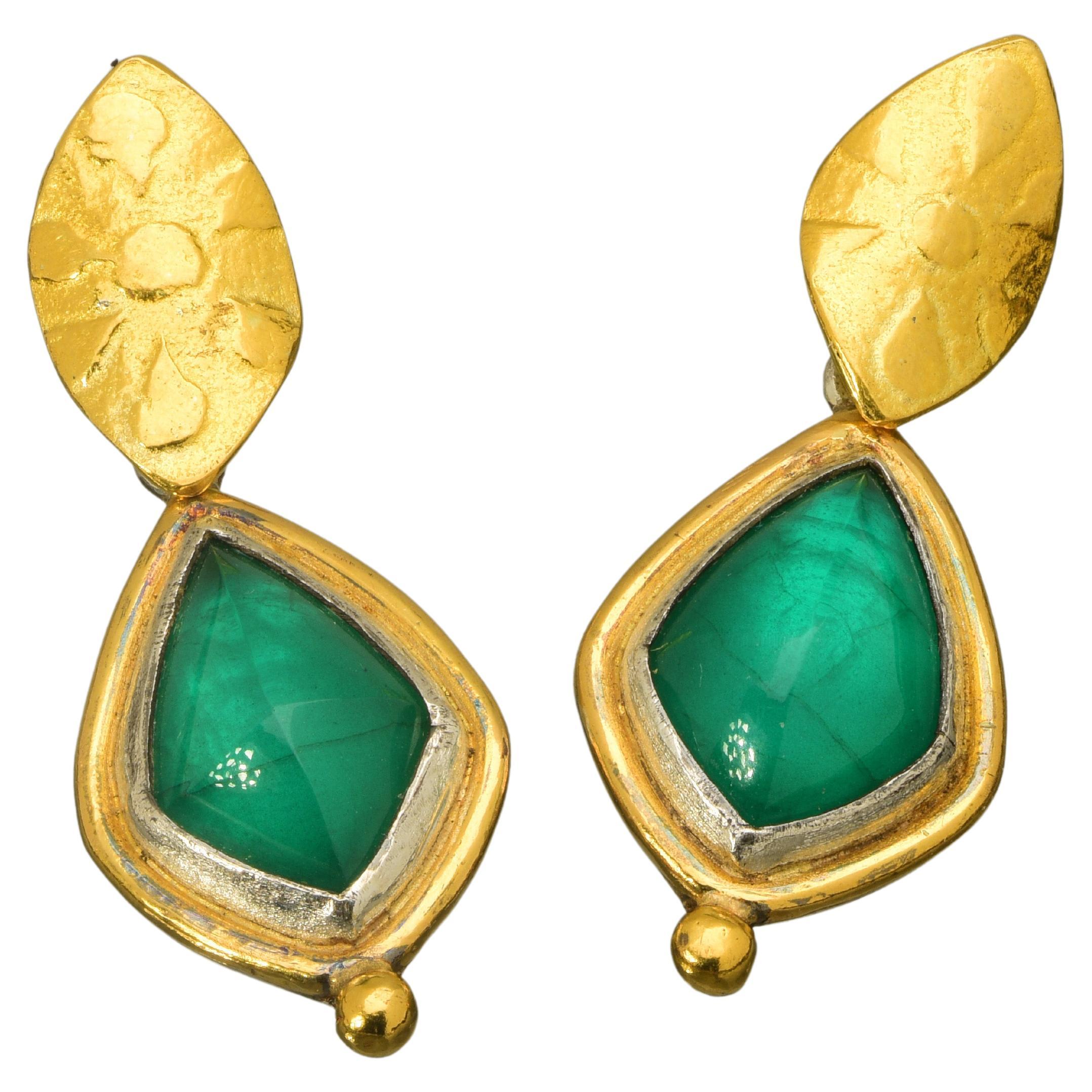 Emerald Earrings with 22 Karat Yellow Gold and Silver