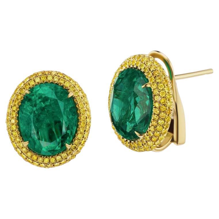 18k Yellow Gold 2.95ct Emerald Earrings with 1.5ct Yellow Diamonds For Sale