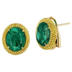 18k Yellow Gold 2.95ct Emerald Earrings with 1.5ct Yellow Diamonds