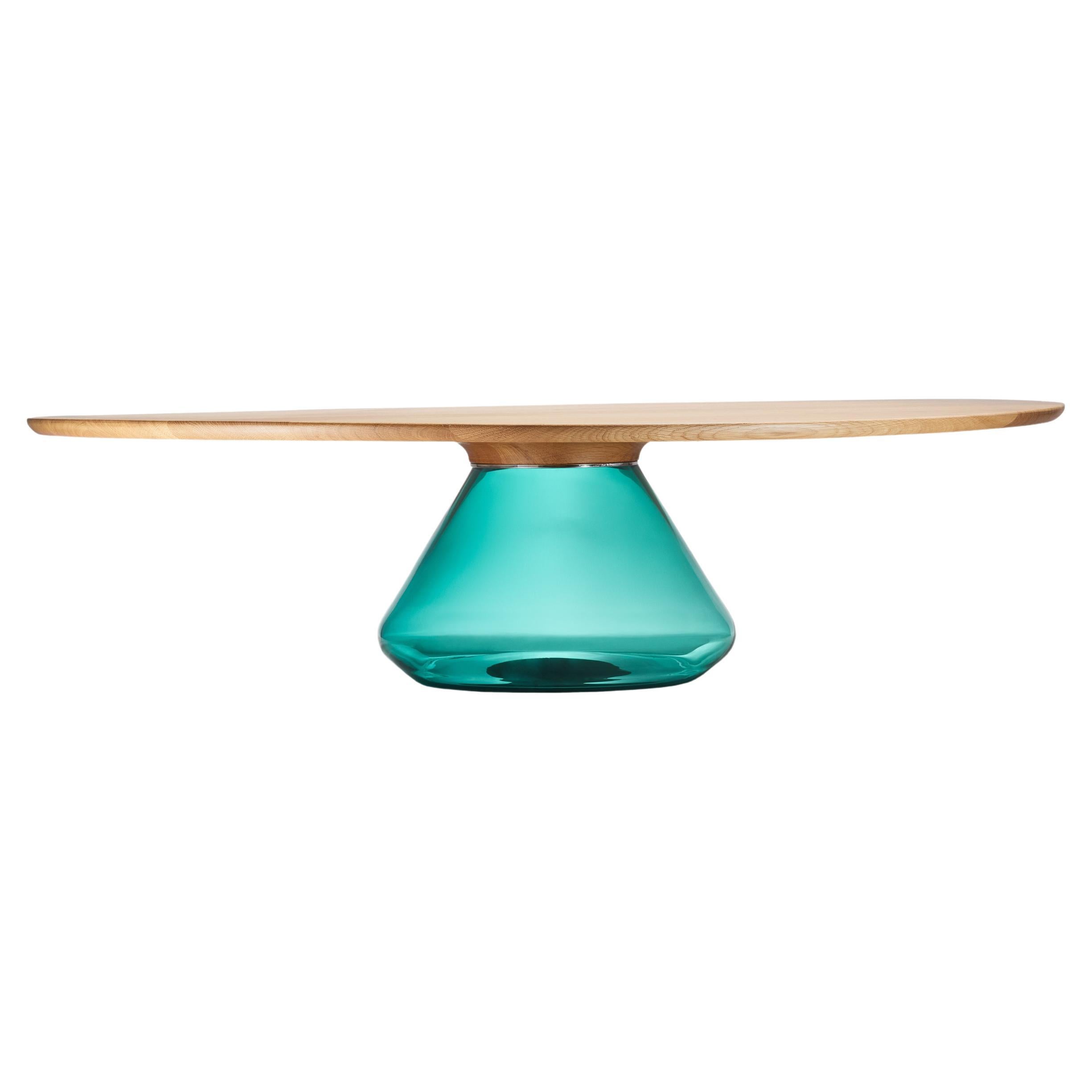 "Emerald Eclipse" Coffee Table ft. Hand-Blown Glass Base and Oiled Oak Top For Sale