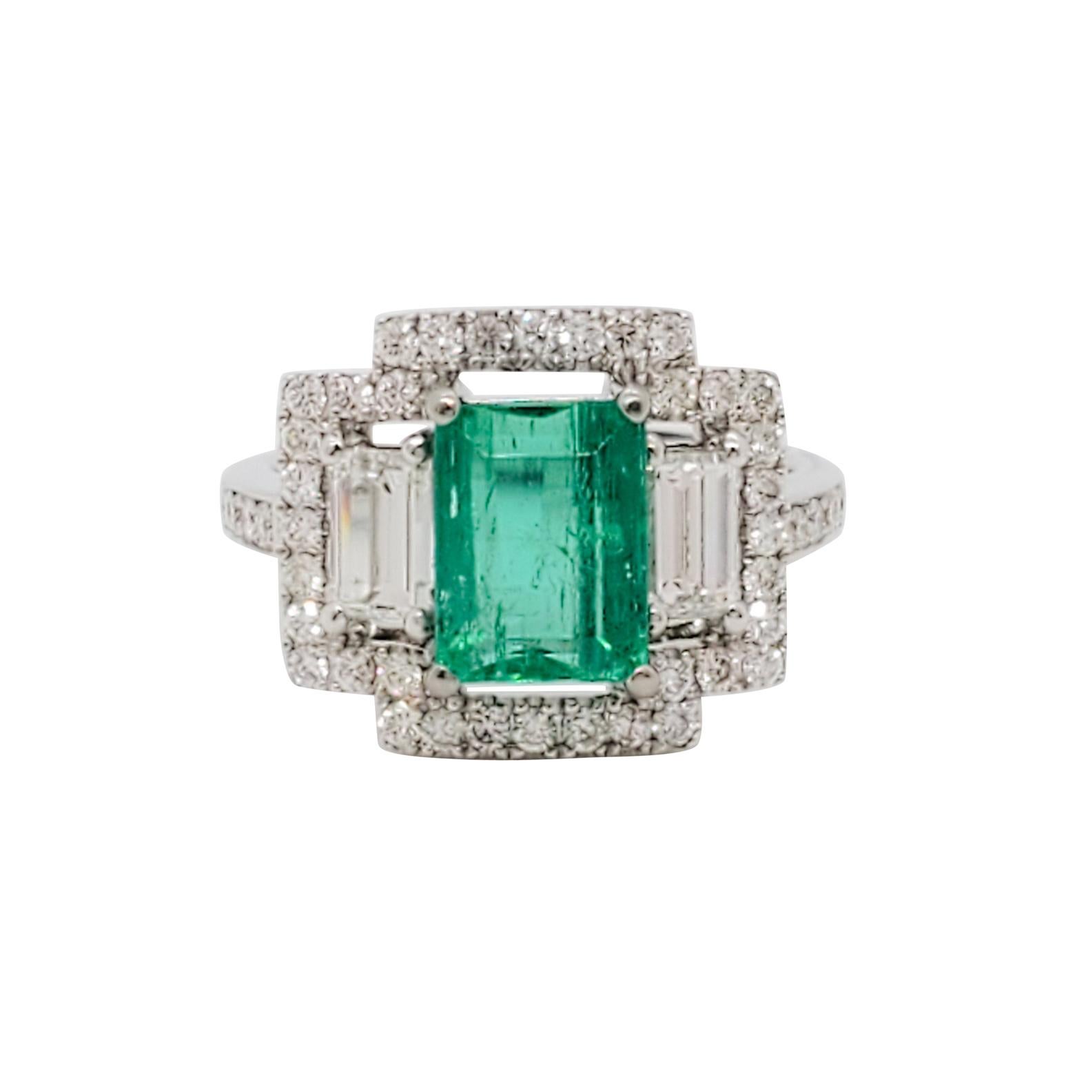 Emerald Emerald Cut and White Diamond Three-Stone Ring in 18 Karat White Gold
