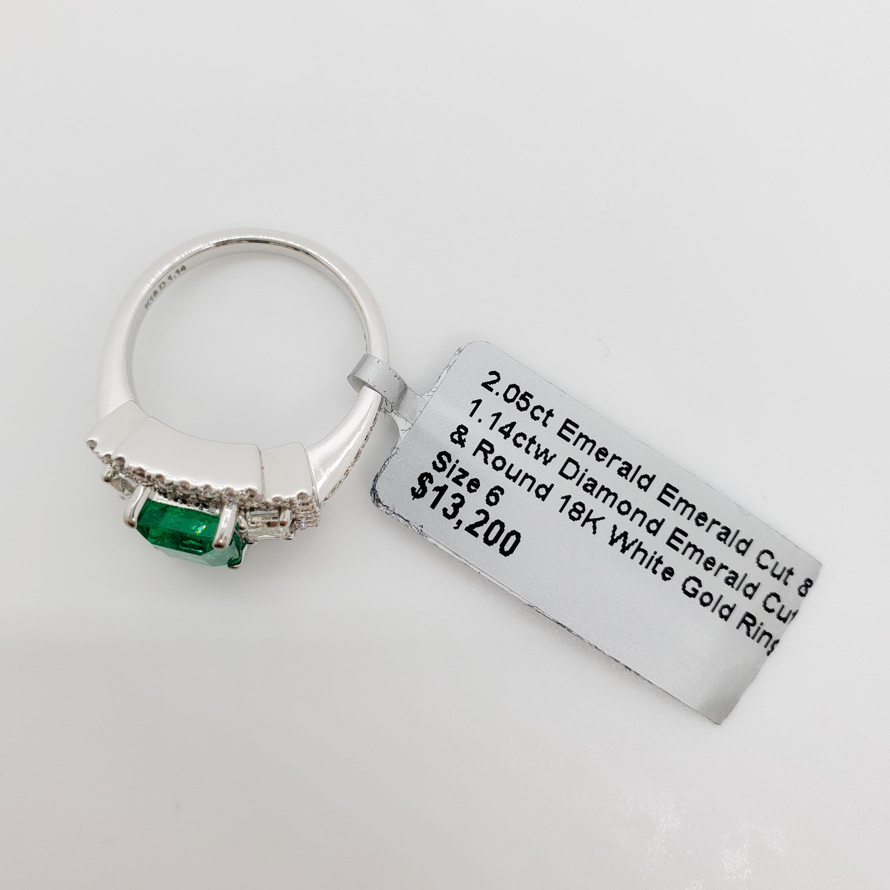 Emerald Emerald Cut and White Diamond Three-Stone Ring in 18 Karat White Gold 1