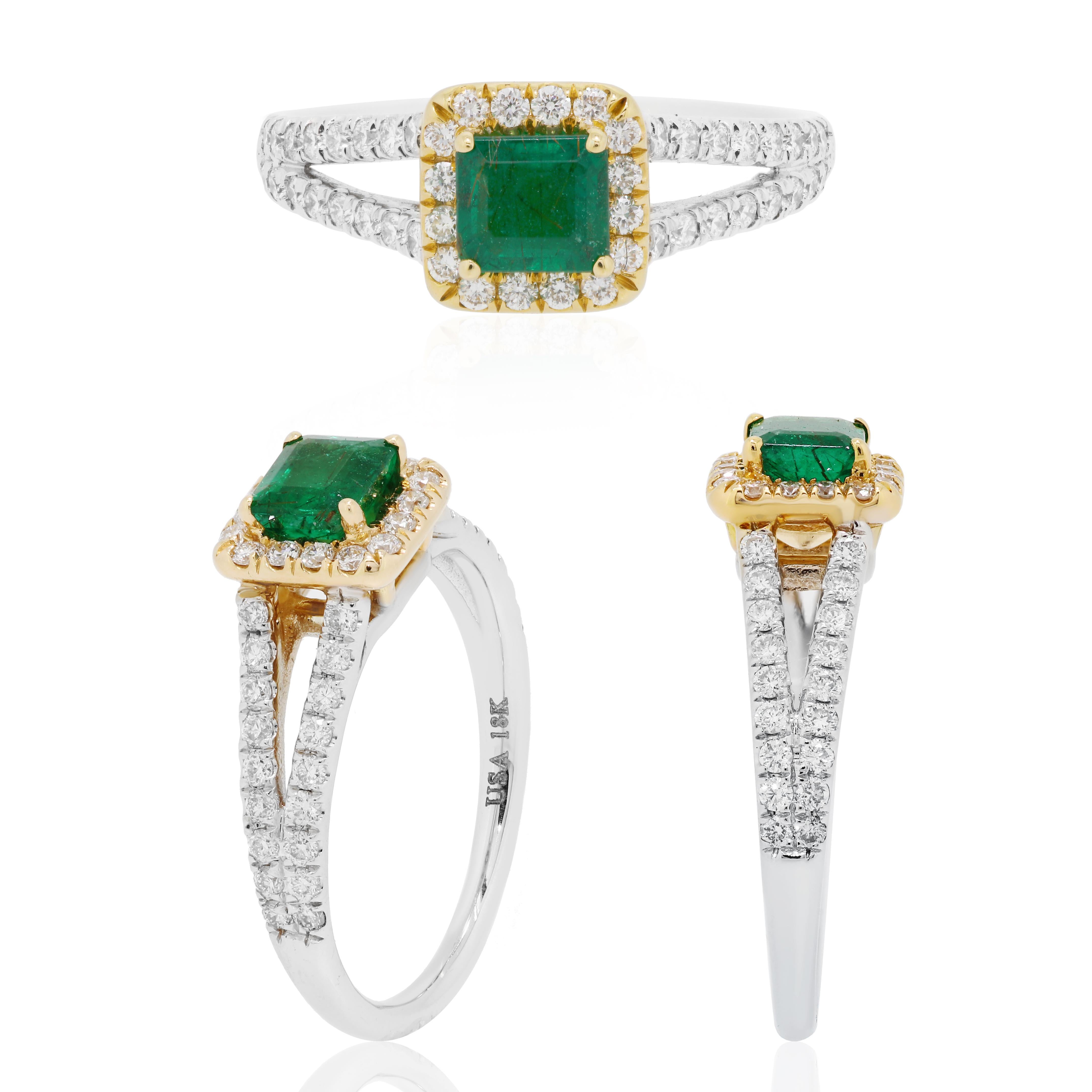 Emerald Emerald Cut White Diamond Halo Two Color Gold Bridal Fashion Ring 6
