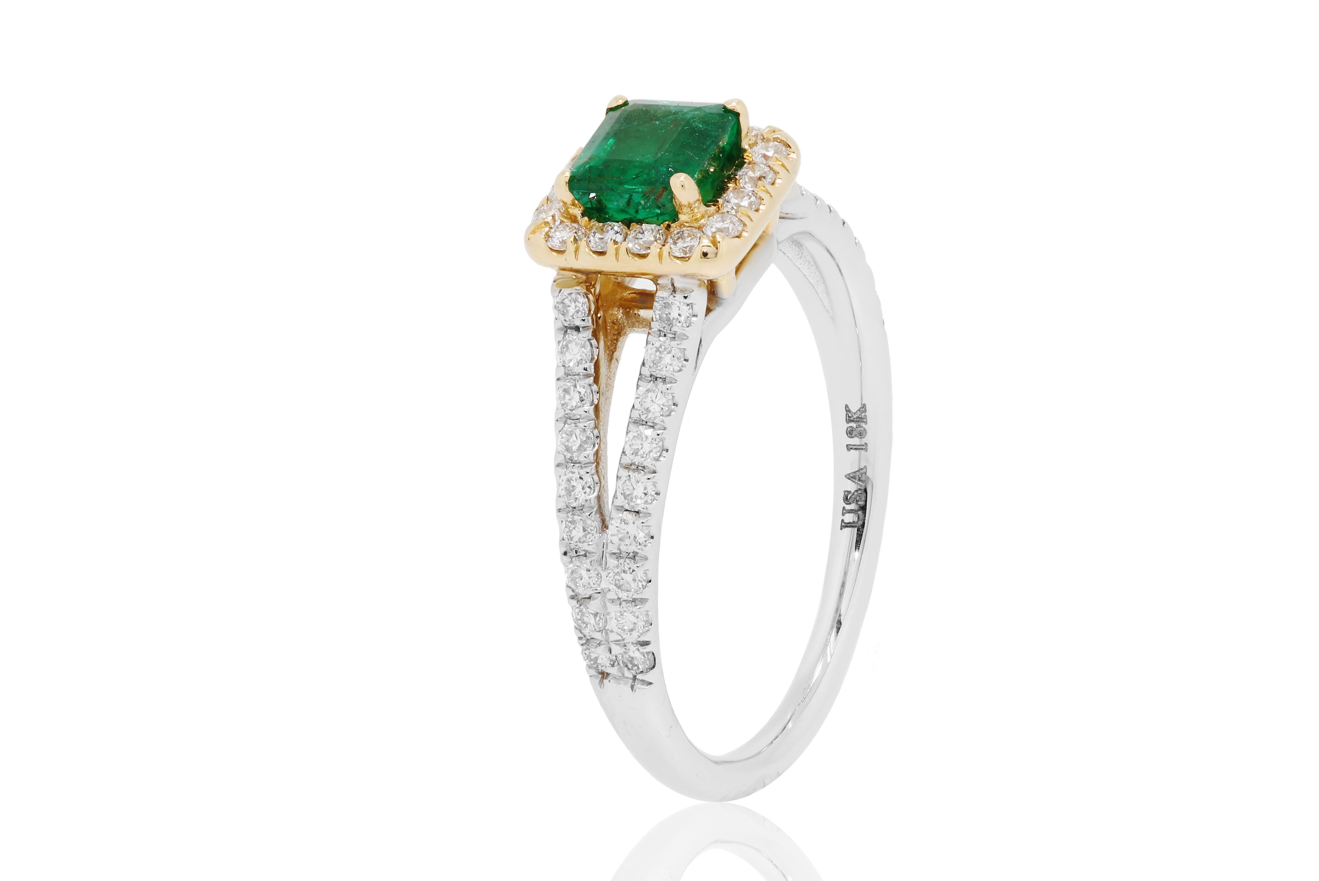Modern Emerald Emerald Cut White Diamond Halo Two Color Gold Bridal Fashion Ring